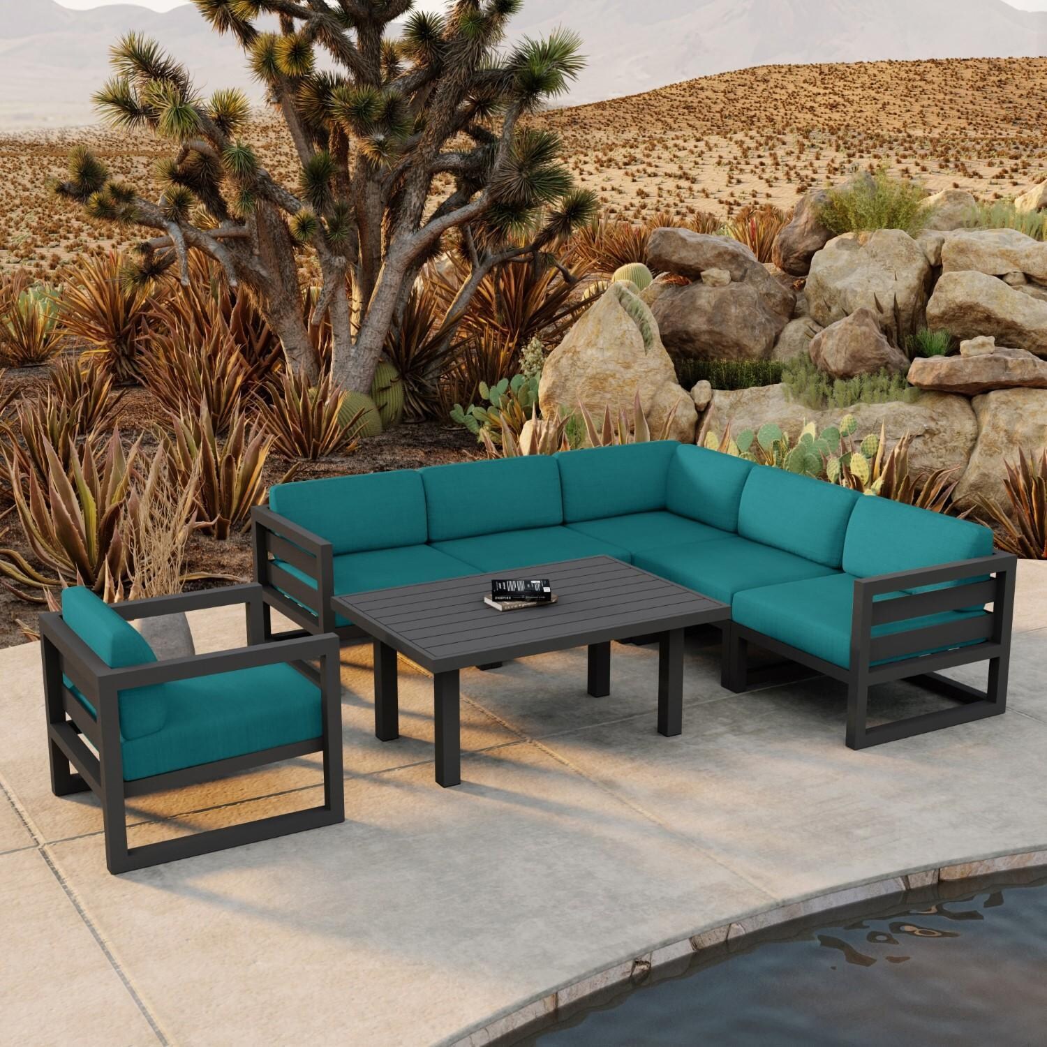 Lakeview MSTYCV-SL-SET212-PC Misty Cove 7 Pc Aluminum Sectional Set in Slate w/Chat Table & Spectrum Peacock Cushions by Lakeview Outdoor Designs - By the Pool - Lifestyle thumbnail