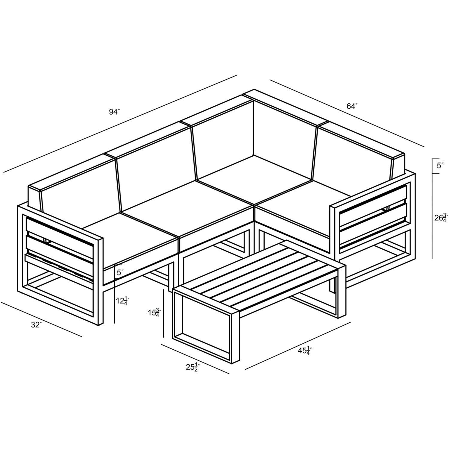 Lakeview MSTYCV-BK-5SEC-CN Misty Cove 5 Pc Aluminum Sectional Set in Black w/Portal Coffee Table & Canvas Natural Cushions by Lakeview Outdoor Designs - Line Drawing - Dimensional thumbnail