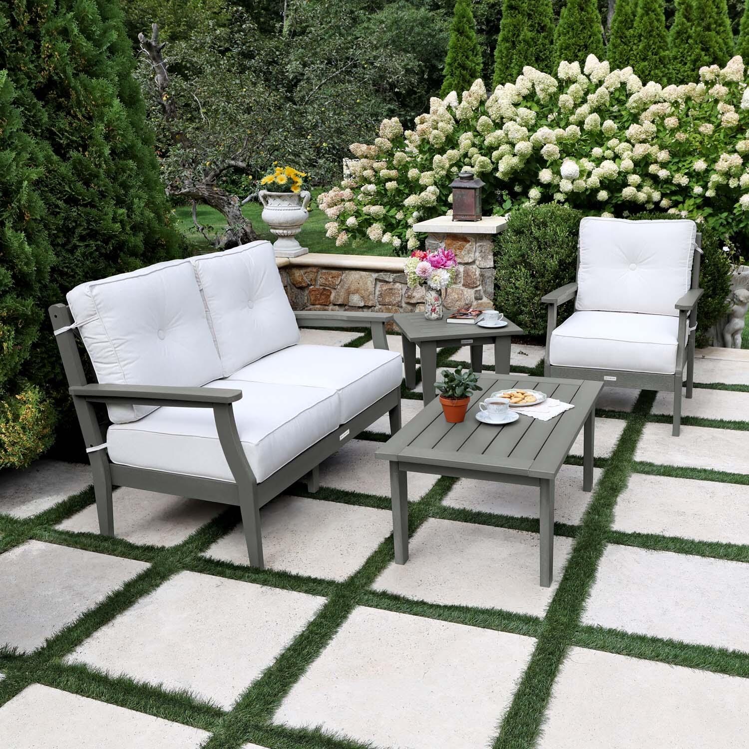 Blushing Bay 4 Pc Recycled Plastic Seating Set in Bliss Linen/Coastal Teak by Lakeview Outdoor Designs - Side View - Lifestyle thumbnail