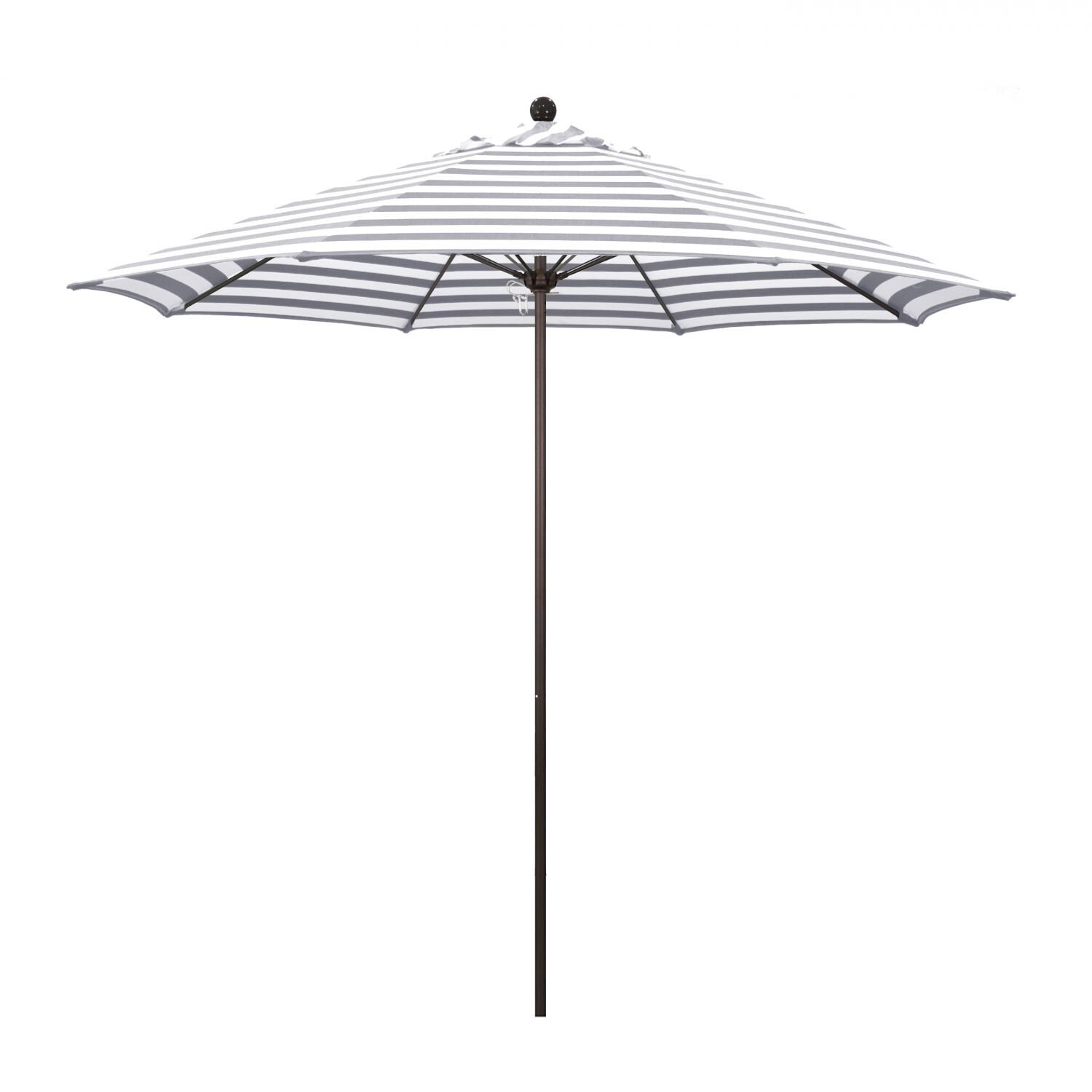 California Umbrella Venture Series 9 Ft Octagonal Aluminum Patio Umbrella W/ Push Lift & Fiberglass Ribs - Bronze Frame / Olefin Gray White Cabana Stripe Canopy thumbnail
