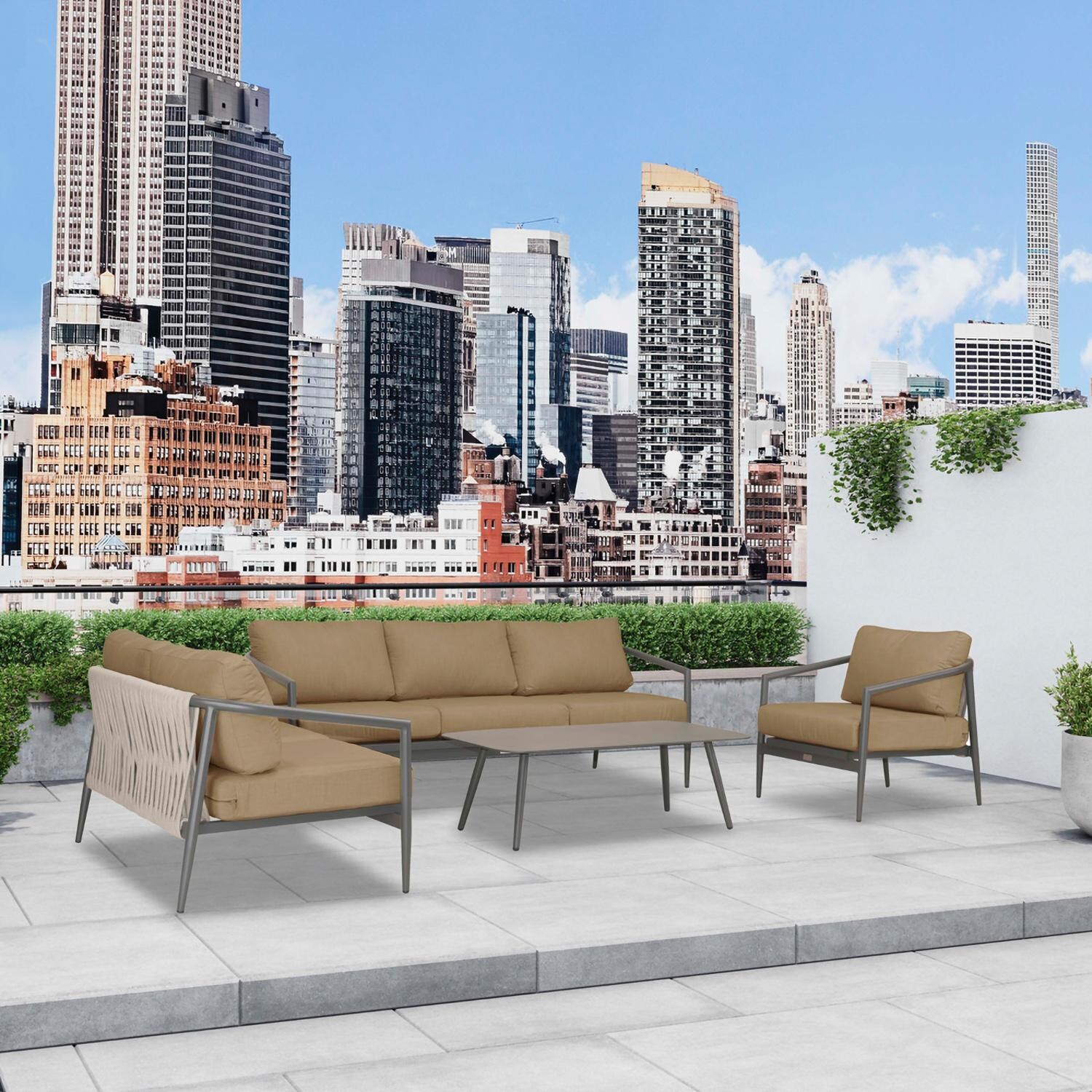 Lakeview Midnight Cove 4 Pc Aluminum Sofa Loveseat Seating Set in Slate/Pebble Gray/Heather Beige - Angled - Lifestyle thumbnail