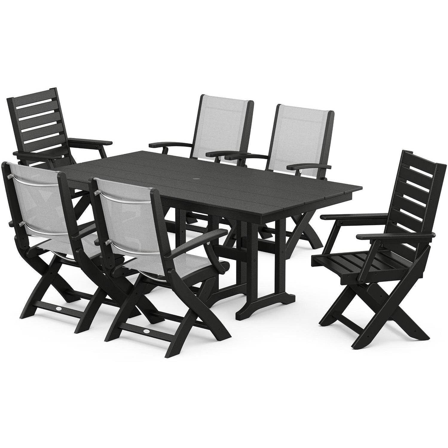 POLYWOOD x BBQGuys Creekside 7 Pc Recycled Plastic Dining Set W/ White Sling in Black