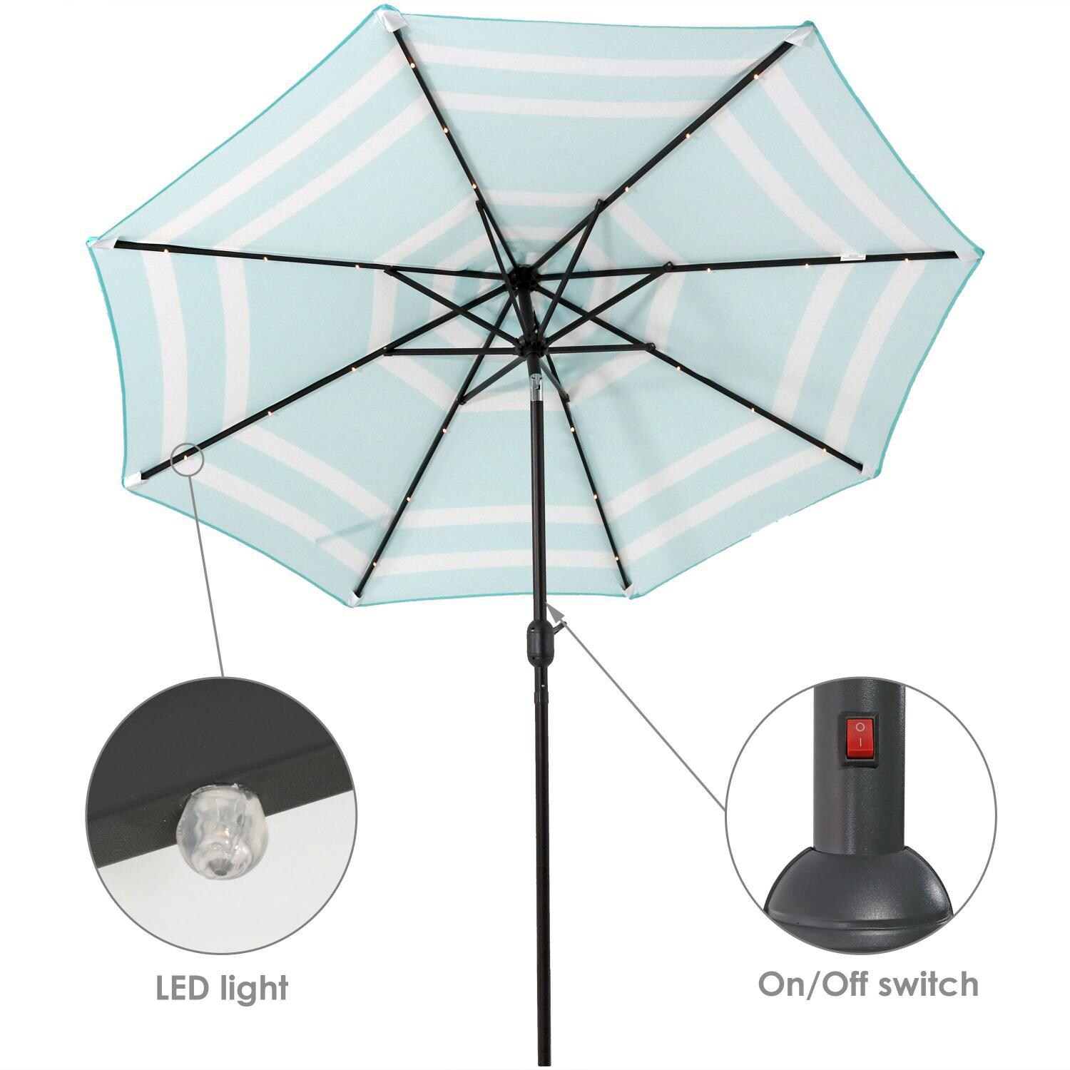 Ultimate Patio 9 Ft. Solar Lighted Octagonal Patio Umbrella W/ Crank Lift - Teal Stripe Canopy - LED Light & Light Switch thumbnail