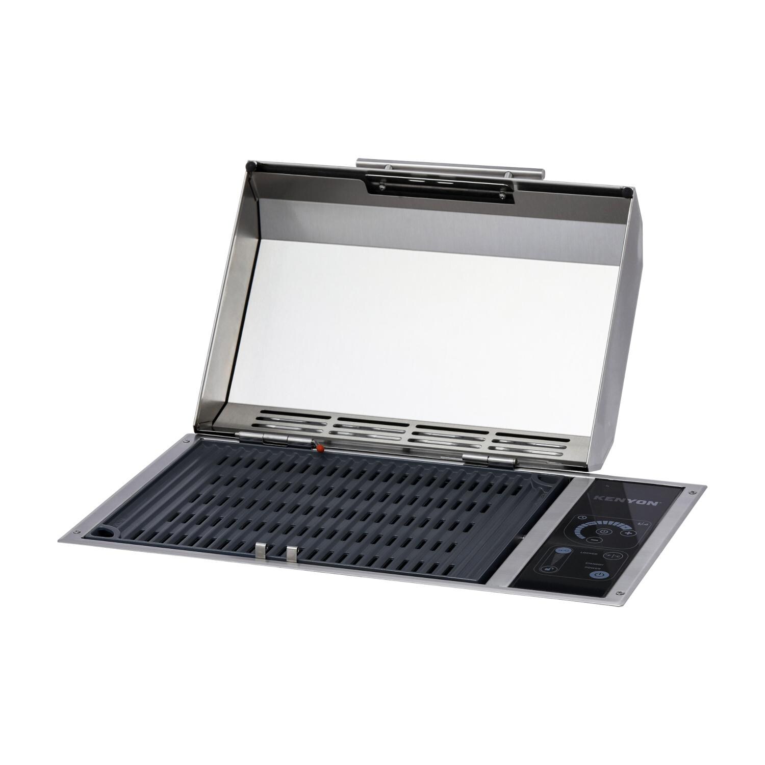 Kenyon B70550 Frontier Built-In Electric Grill with IntelliKEN Touch Control 120V UL - Angled Open Hood thumbnail