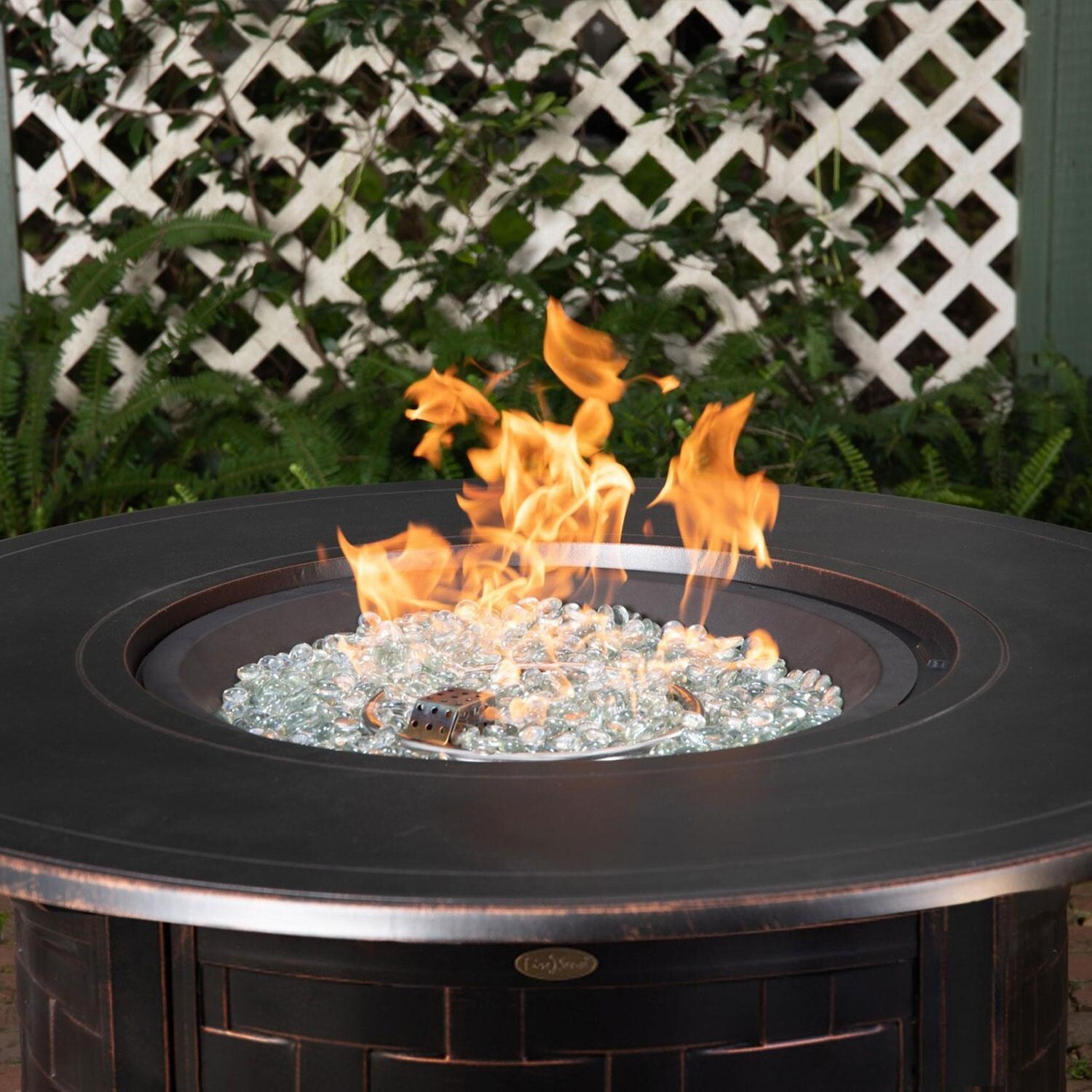 Ultimate Patio Magnolia Way 50,000 BTU Propane Round Fire Pit Table - Woven Cast Aluminum - In Use - Detail thumbnail