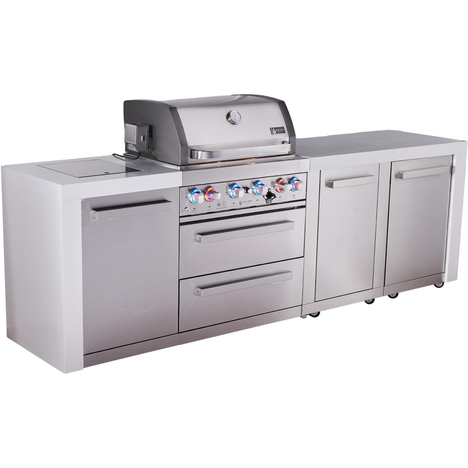 Mont Alpi Deluxe Series 7 Ft Propane Outdoor Kitchen Island w/ 32-in Grill, Side Burner & Extra Door - MAi400-DXL - Angled Left - White Background thumbnail