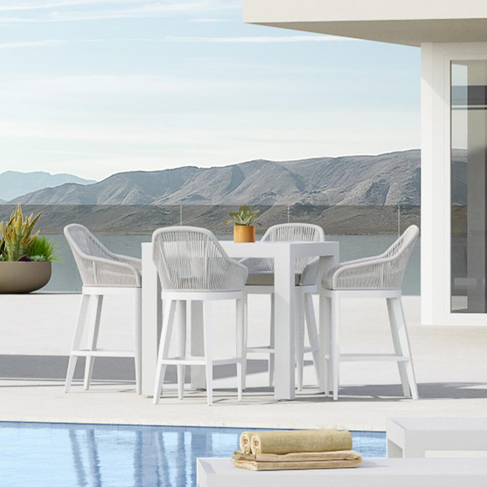 Miami 5 Piece Olefin Rope & Aluminum Patio Bar Set W/ Pub Table & Sunbrella Cast Silver Cushions By Sunset West