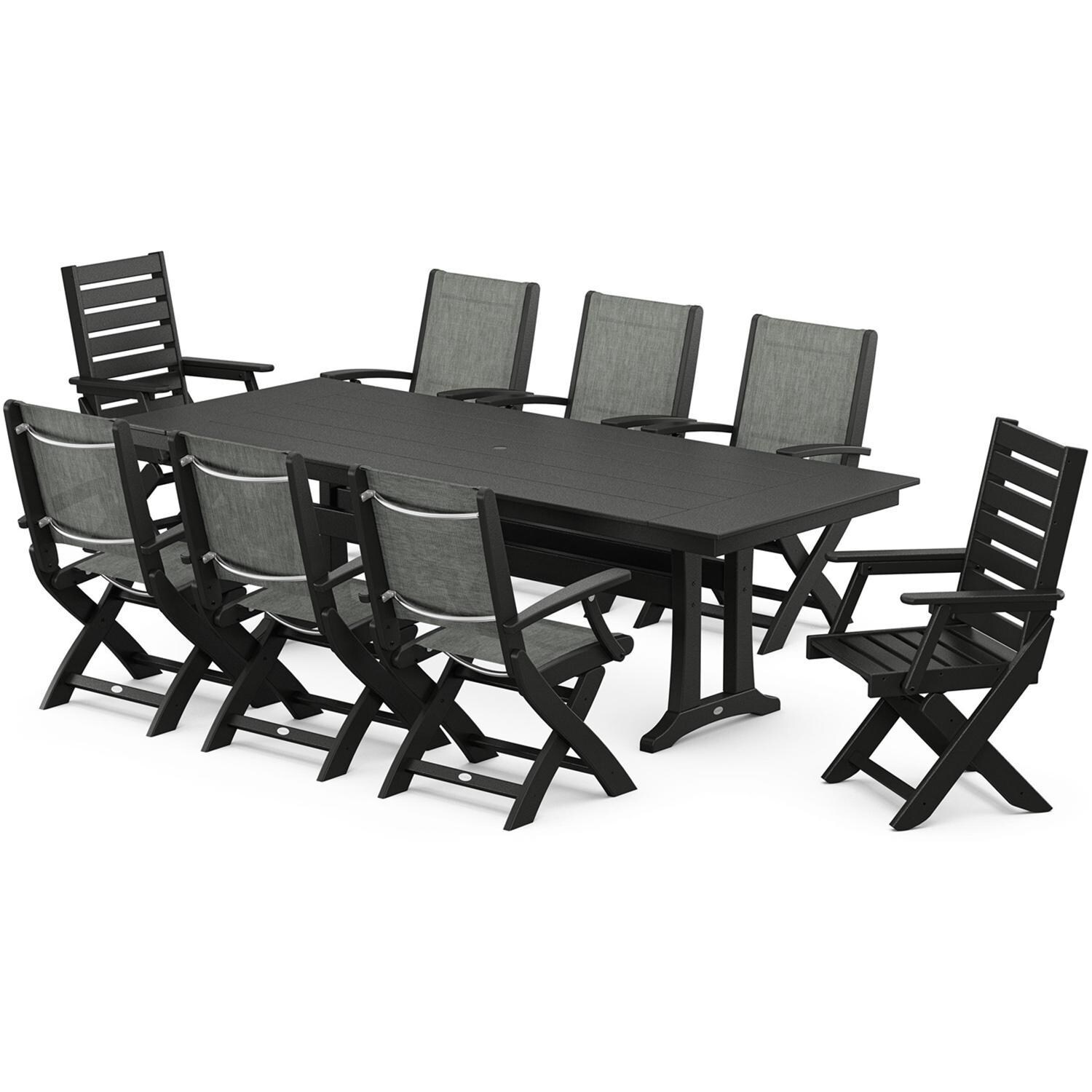 POLYWOOD x BBQGuys Creekside 9 Pc Recycled Plastic Dining Set W/ Birch Sling in Black