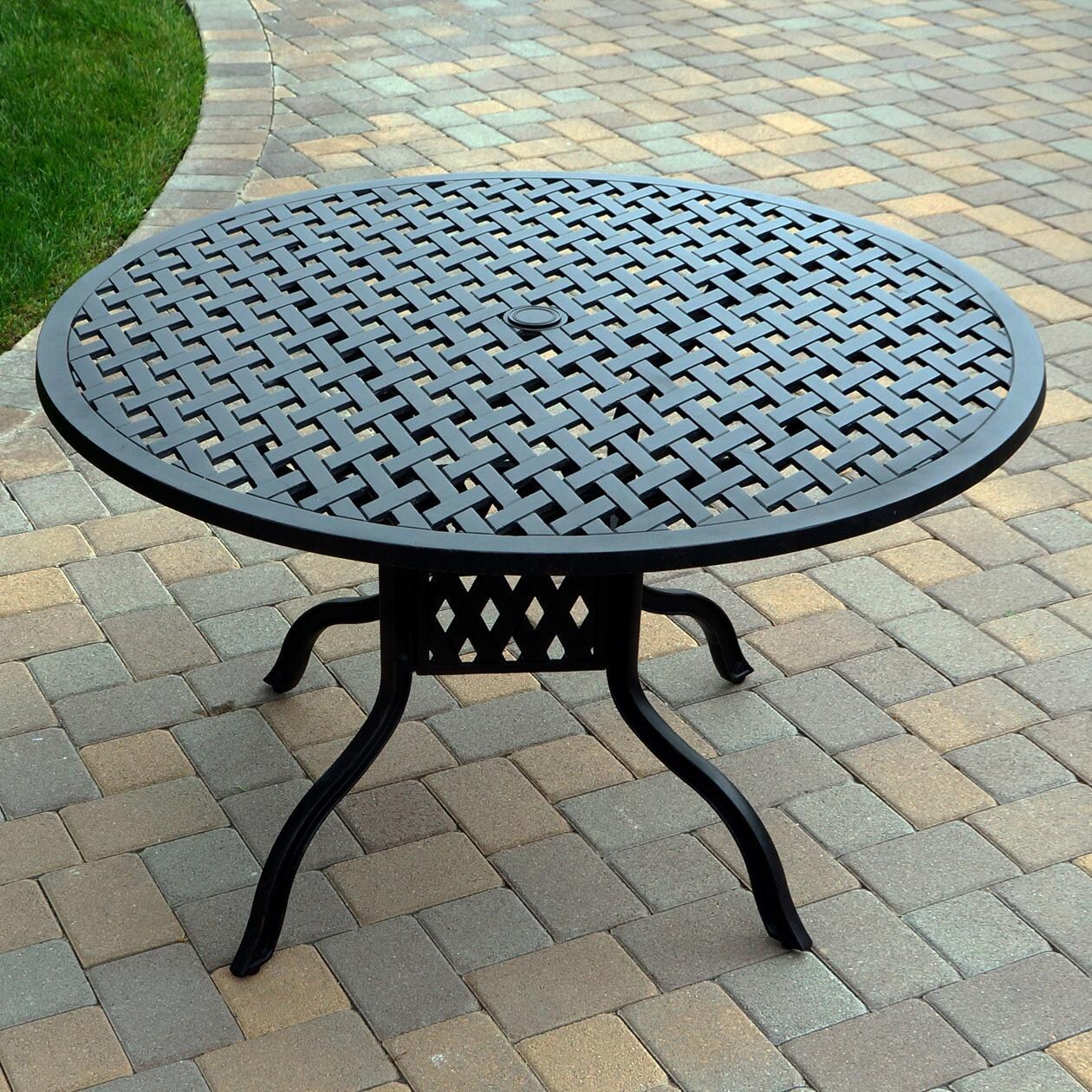 Darlee Nassau 5-Piece Patio Dining Set (with 2 Swivel Rockers) with Sky Blue Cushions and 48 Inch Round Dining Table - Table - Lifestyle thumbnail