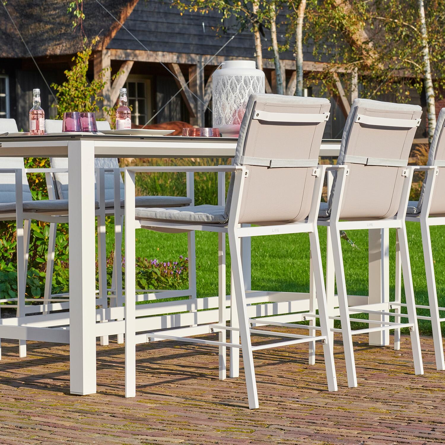 Primavera 7 Pc Aluminum Bar Set w/ Concrete Look Ceramic Tabletop in White / Mouse Grey - Chair Back - Lifestyle thumbnail