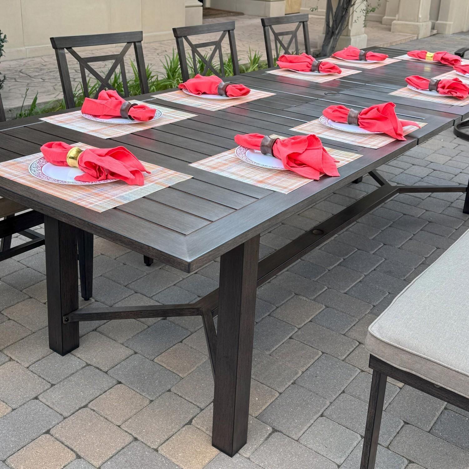 Atlantis 9 Pc Aluminum Dining Set w/ 4 Dining Side Chairs, 2 Swivel Rocker Dining Arm Chairs, 2 Two Person Benches & Extension Table in Walnut/Beige by Darlee - Table Side - Lifestyle thumbnail