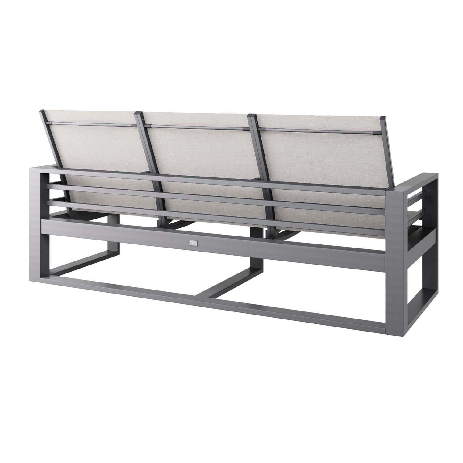 Palermo 3 Person Aluminum Sofa in Graphite w/ Harbor Slate Sling By Ebel - Back View - White Background thumbnail