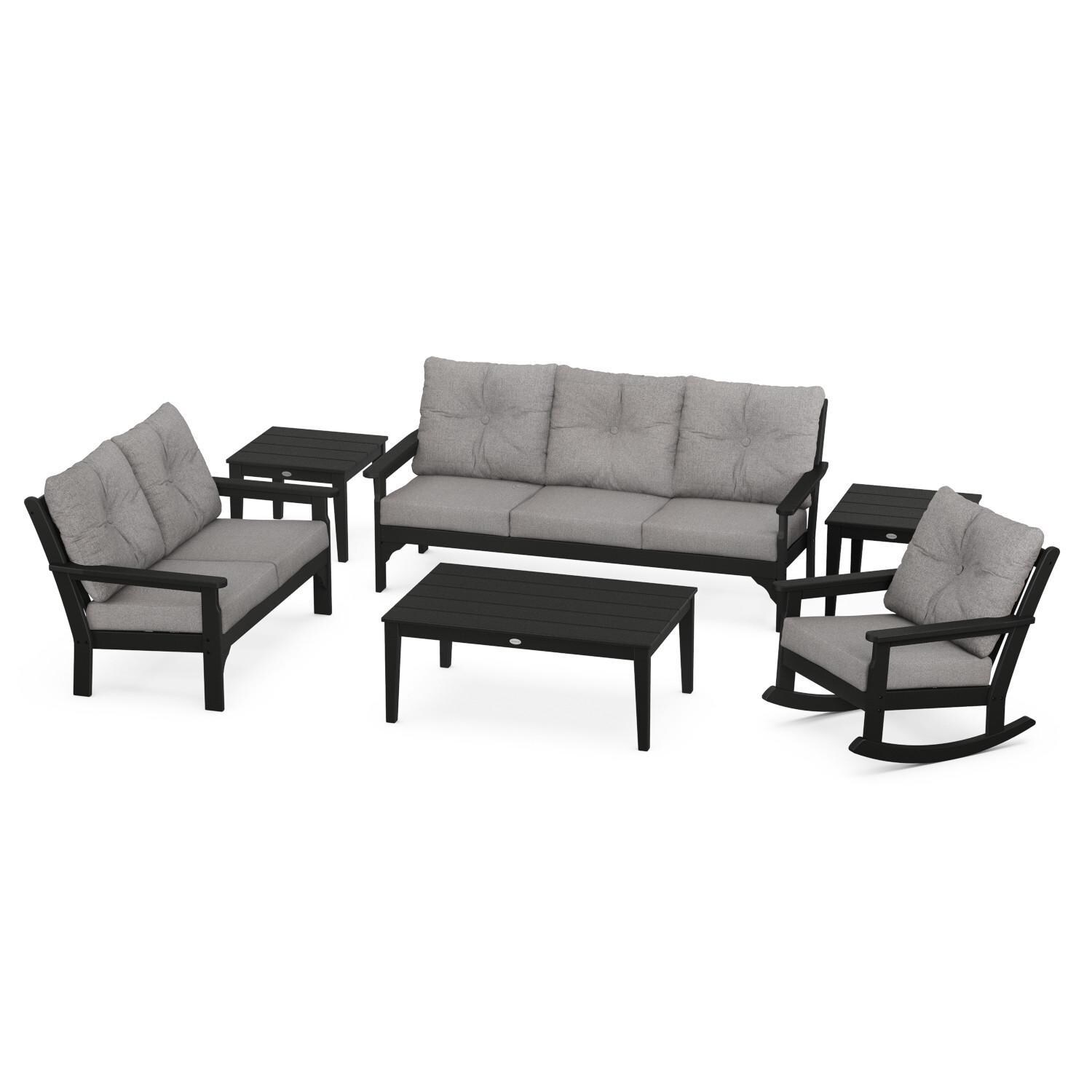 Vineyard 6 Pc Recycled Plastic Seating Set w/ Rocking Chair in Black/Gray Mist by POLYWOOD