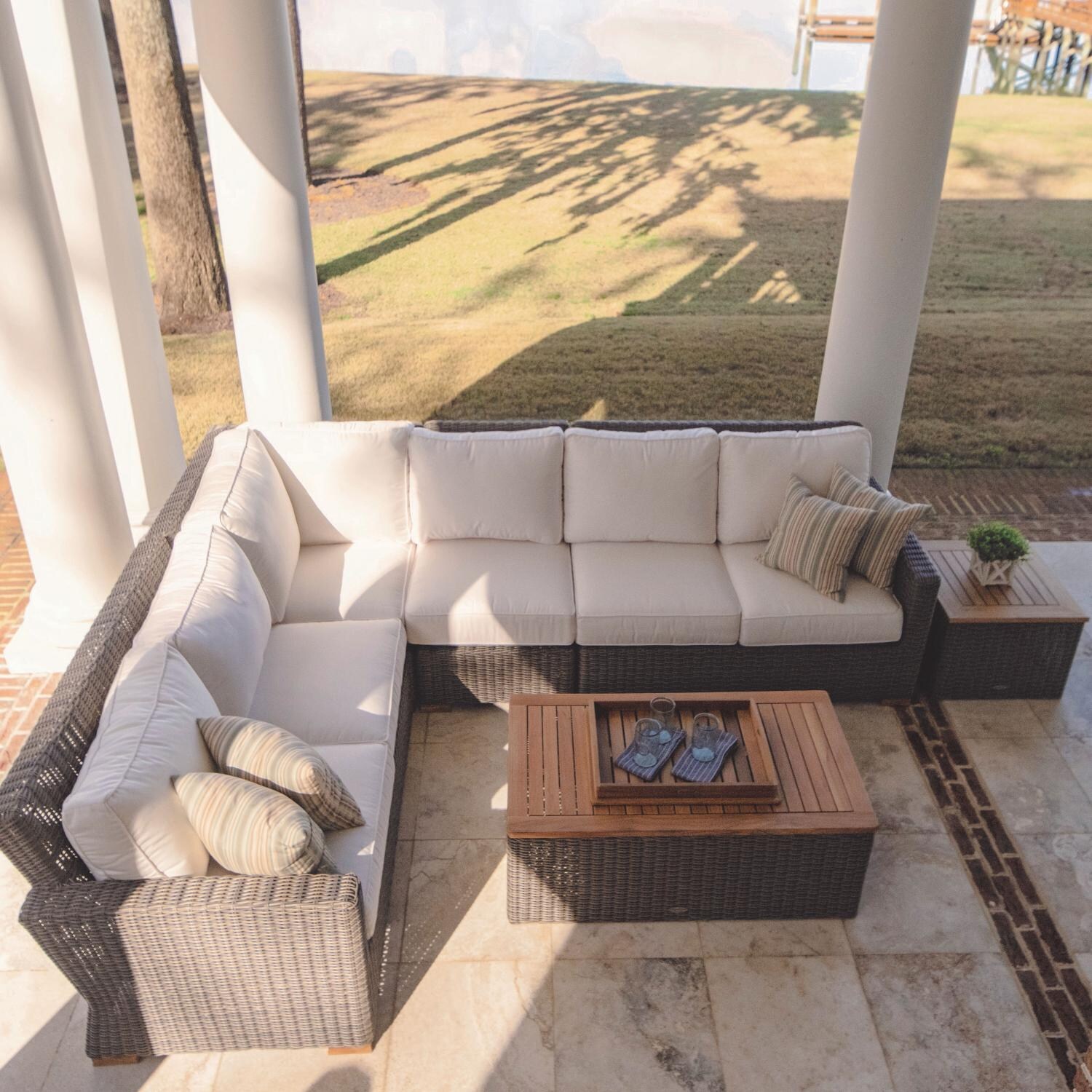 Royal Teak Collection 6 Piece Sanibel Wicker Patio Sectional Set W/ Sunbrella Canvas Natural Cushions thumbnail