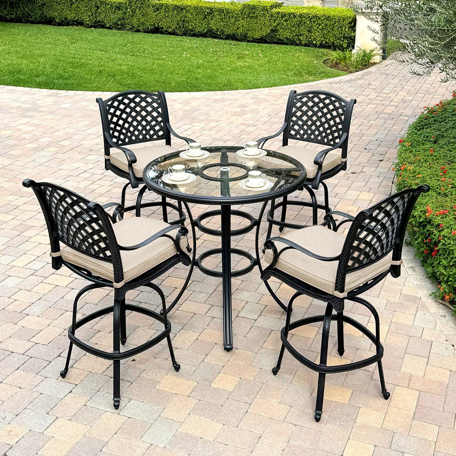 Nassau 5 Pc Cast Aluminum Bar Set in Antique Bronze w/ Beige Canvas Cushions By Darlee