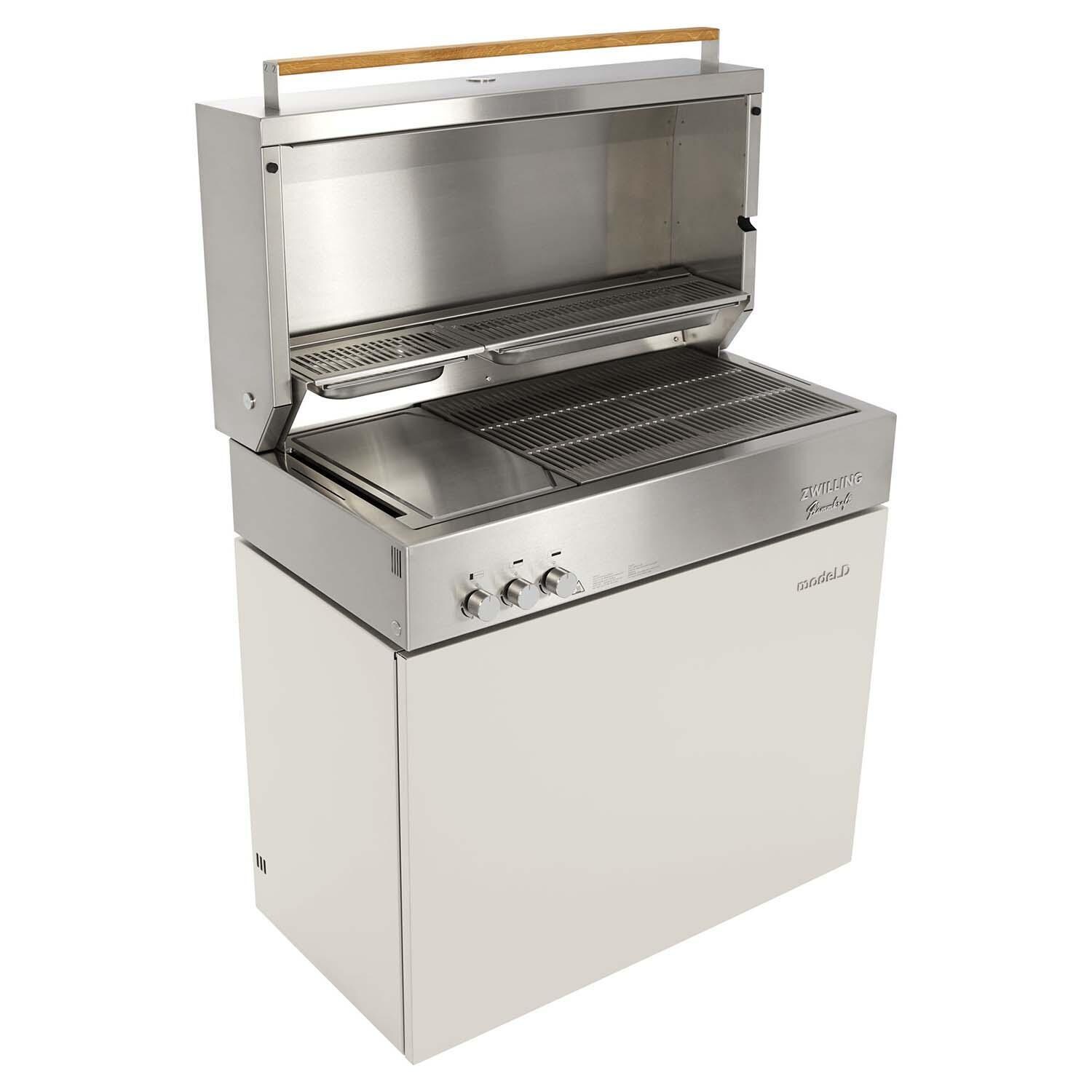 Flammkraft 1029542 Model D Propane Gas Grill - Ivory White - Shown w/ Teppanyaki Plate (Sold Separately) - White Background thumbnail