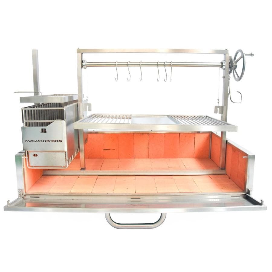 Tagwood BBQ BBQ25SS XL Built-In Argentine Santa Maria Wood Fire & Charcoal Grill - Door Open - White Background thumbnail