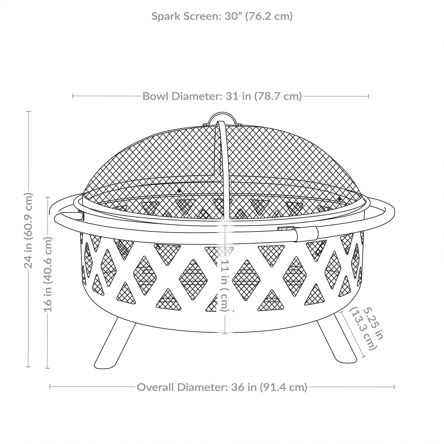 Ultimate Patio Crossweave 36 Inch Round Steel Wood-Burning Fire Pit in Black - Dimensional thumbnail