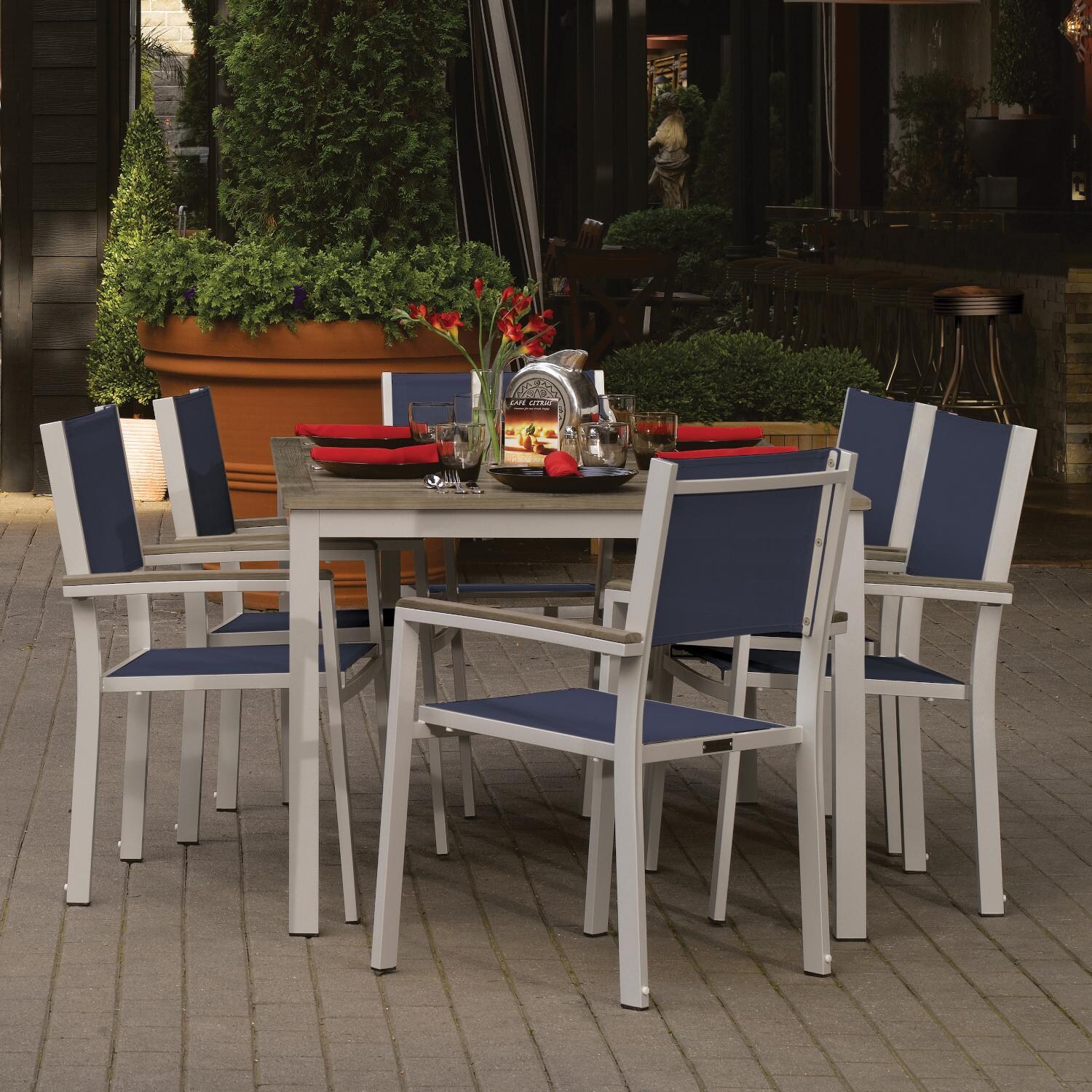 Oxford Garden Travira 7 Piece Flint Aluminum Patio Dining Set W/ Ink Pen Sling Armchairs & 63-Inch Rectangular Vintage Tekwood Table thumbnail
