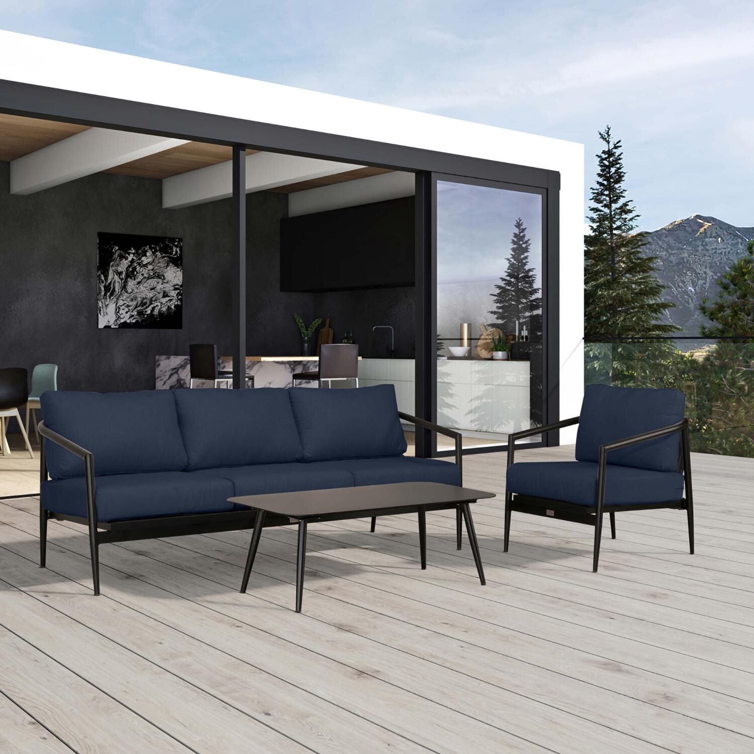 Lakeview Midnight Cove 3 Pc Aluminum Sofa Seating Set in Black/Carbon/Spectrum Indigo - Detail - Lifestyle thumbnail