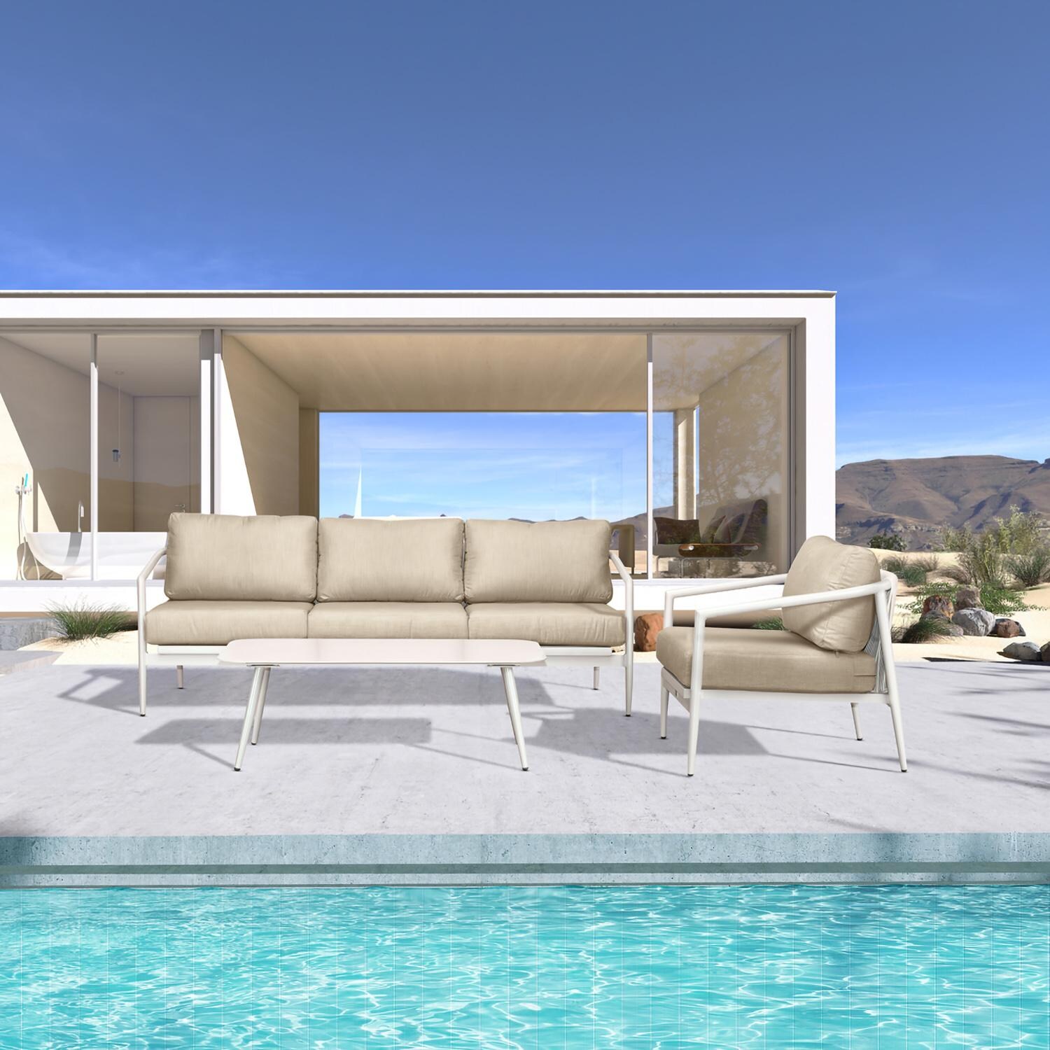 Lakeview Midnight Cove 3 Pc Aluminum Sofa Seating Set in Urban Stone/Carrera/Canvas Flax - Lifestyle thumbnail