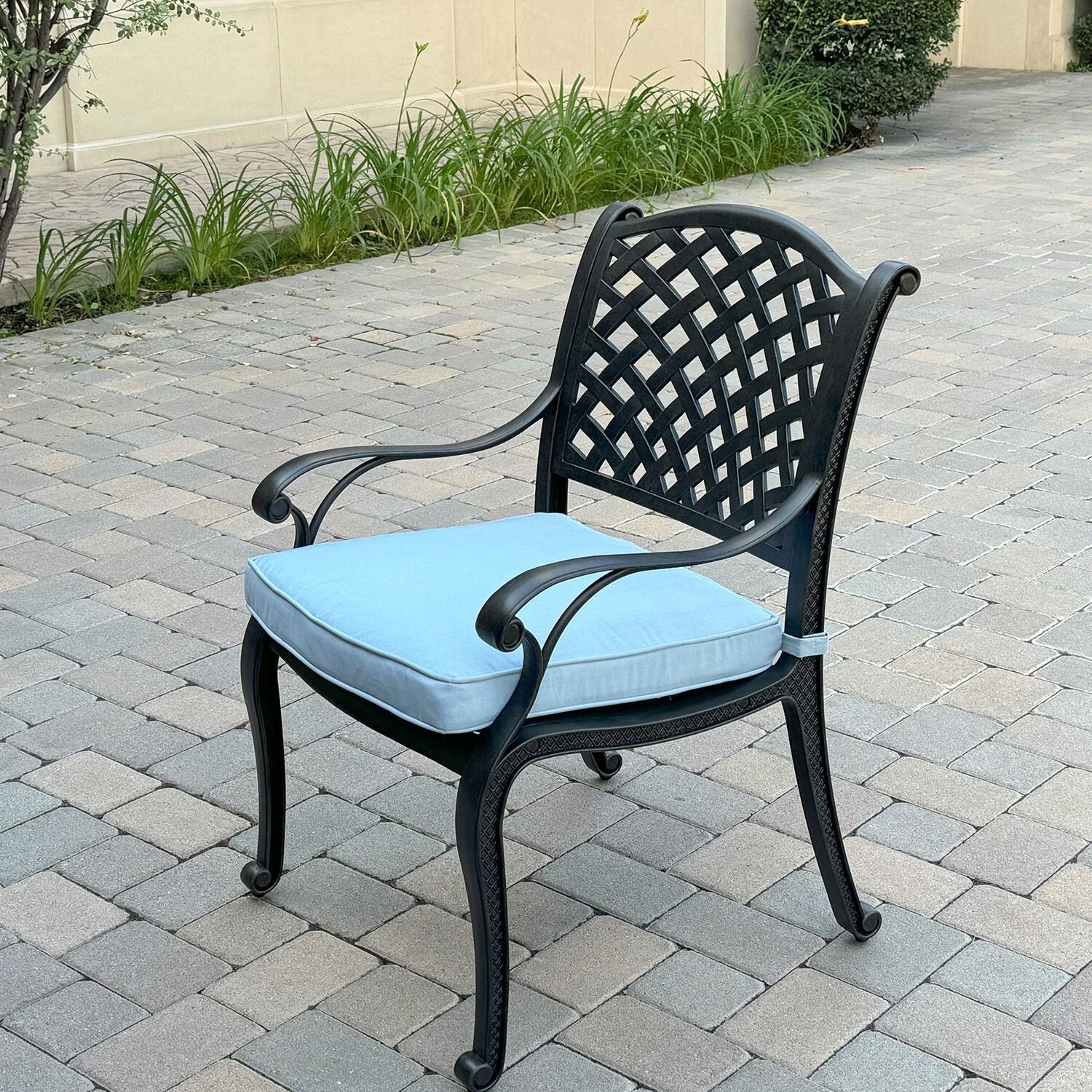 Nassau 7 Pc Cast Aluminum Patio Dining Set W/ 72 X 42 Inch Table & Blue Cushions By Darlee - Dining Chair - Back Patio - Lifestyle thumbnail