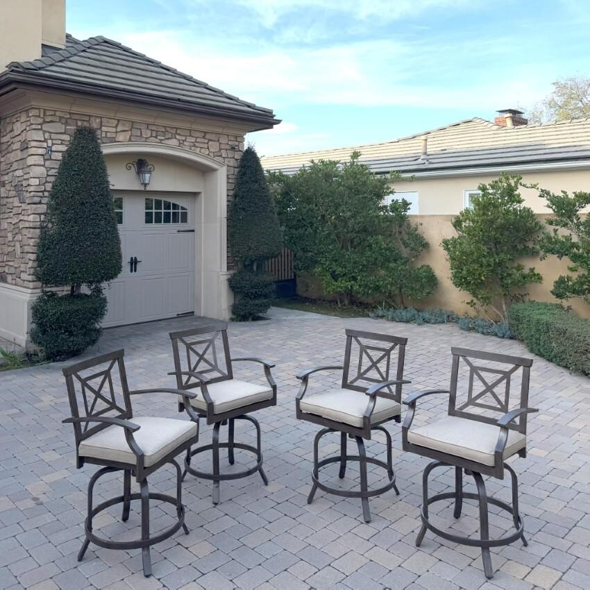 Atlantis Aluminum Counter Height Swivel Bar Stool Set of 4 w/ Beige Cushions in Walnut By Darlee - Lifestyle thumbnail