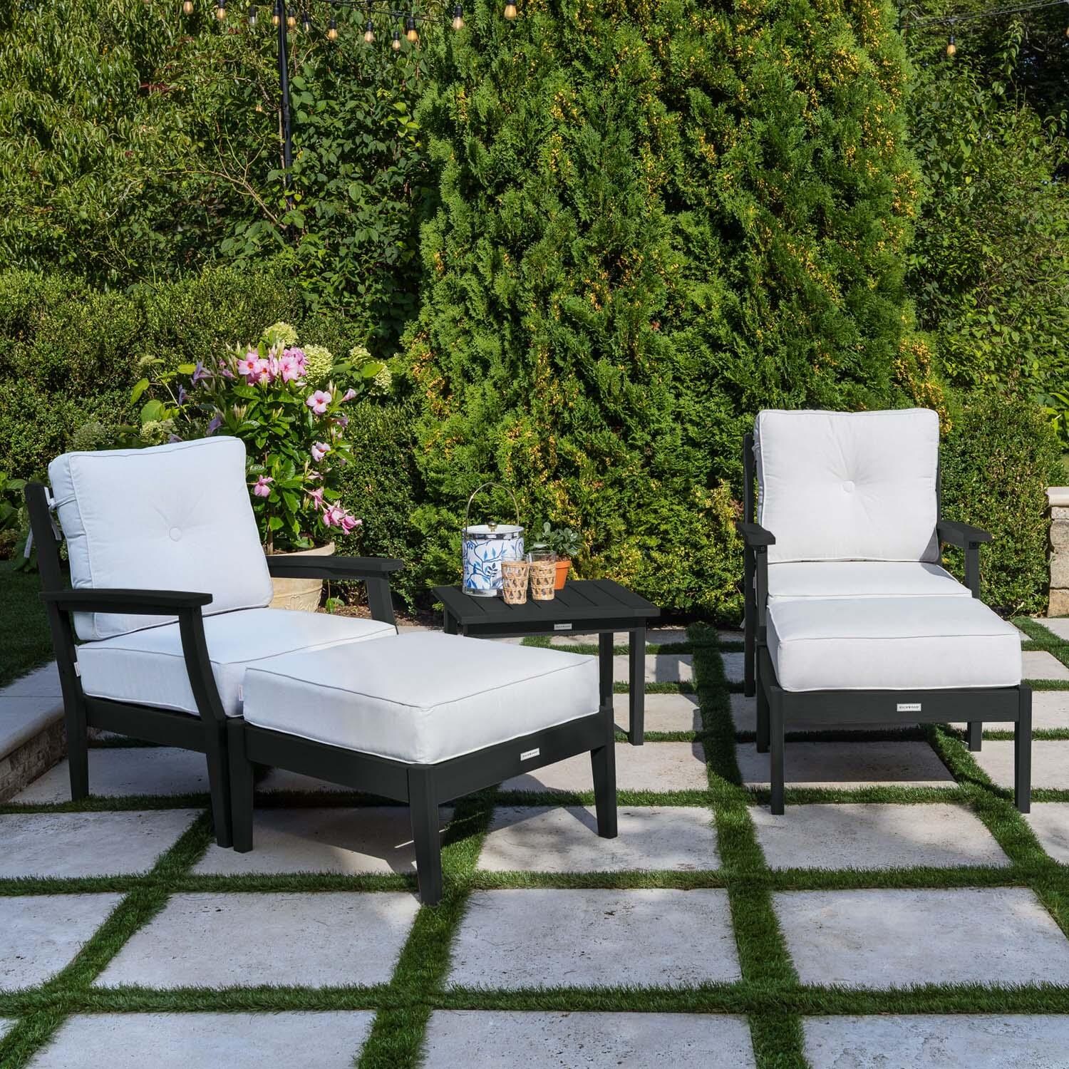 Blushing Bay 5 Pc Recycled Plastic Seating Set in Bliss Linen/Black by Lakeview Outdoor Designs - Left Angled - Lifestyle thumbnail