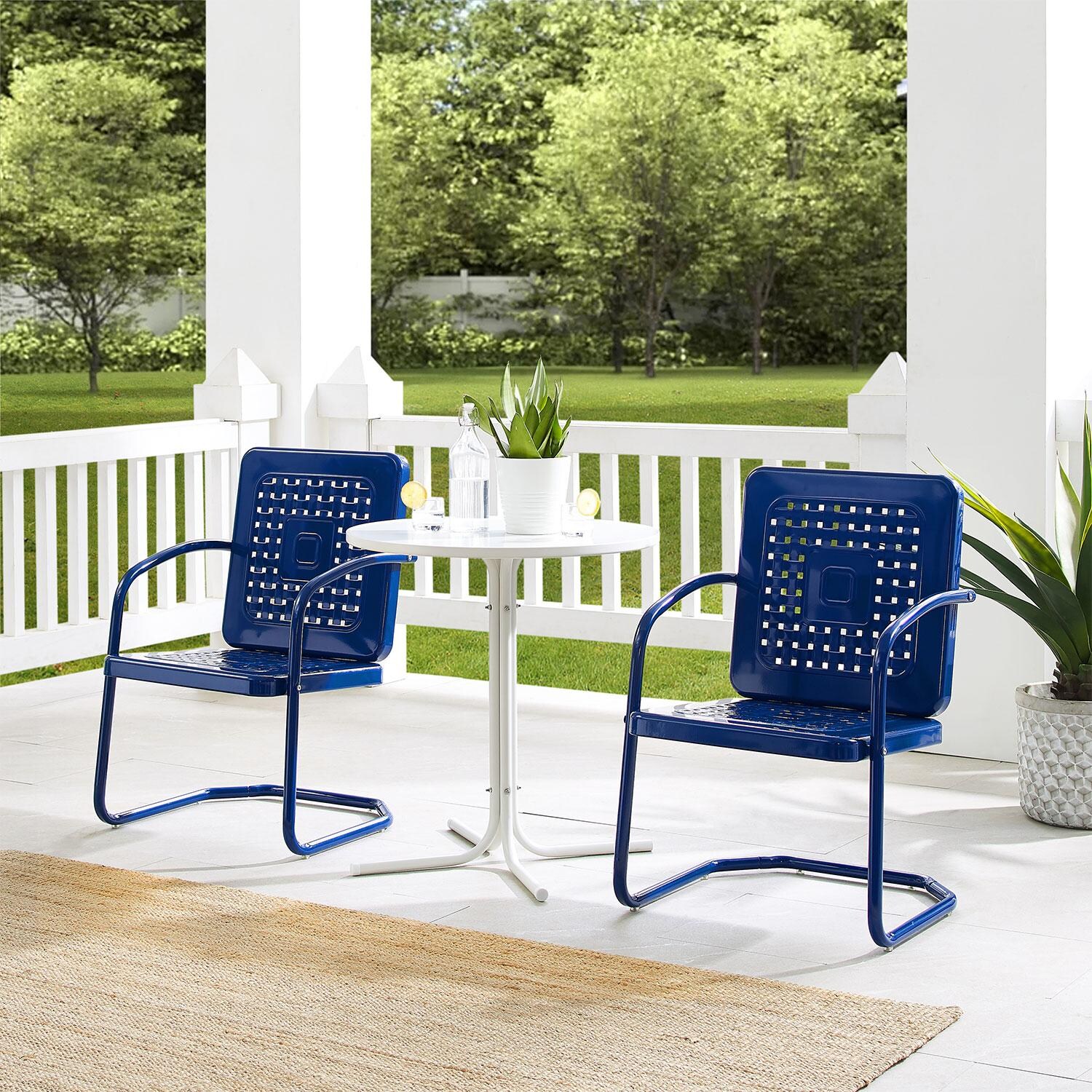 Ultimate Patio UP-32242NV 3Pc Retro Outdoor Bistro Set in Navy Blue - Angled On Patio - Lifestyle thumbnail