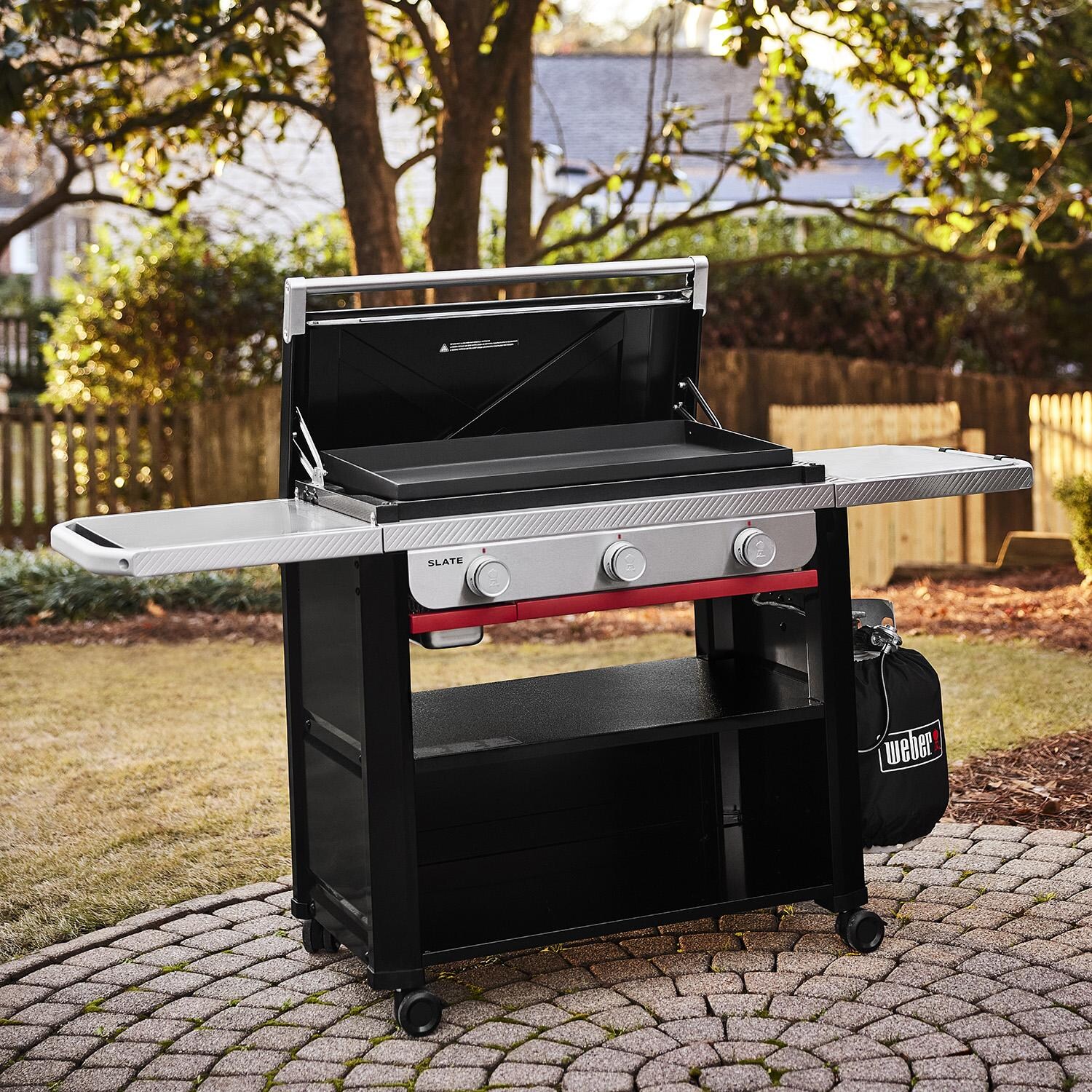 Weber 1500014 Slate 30-in Rust-Resistant Propane Griddle - On Patio Open - Lifestyle thumbnail