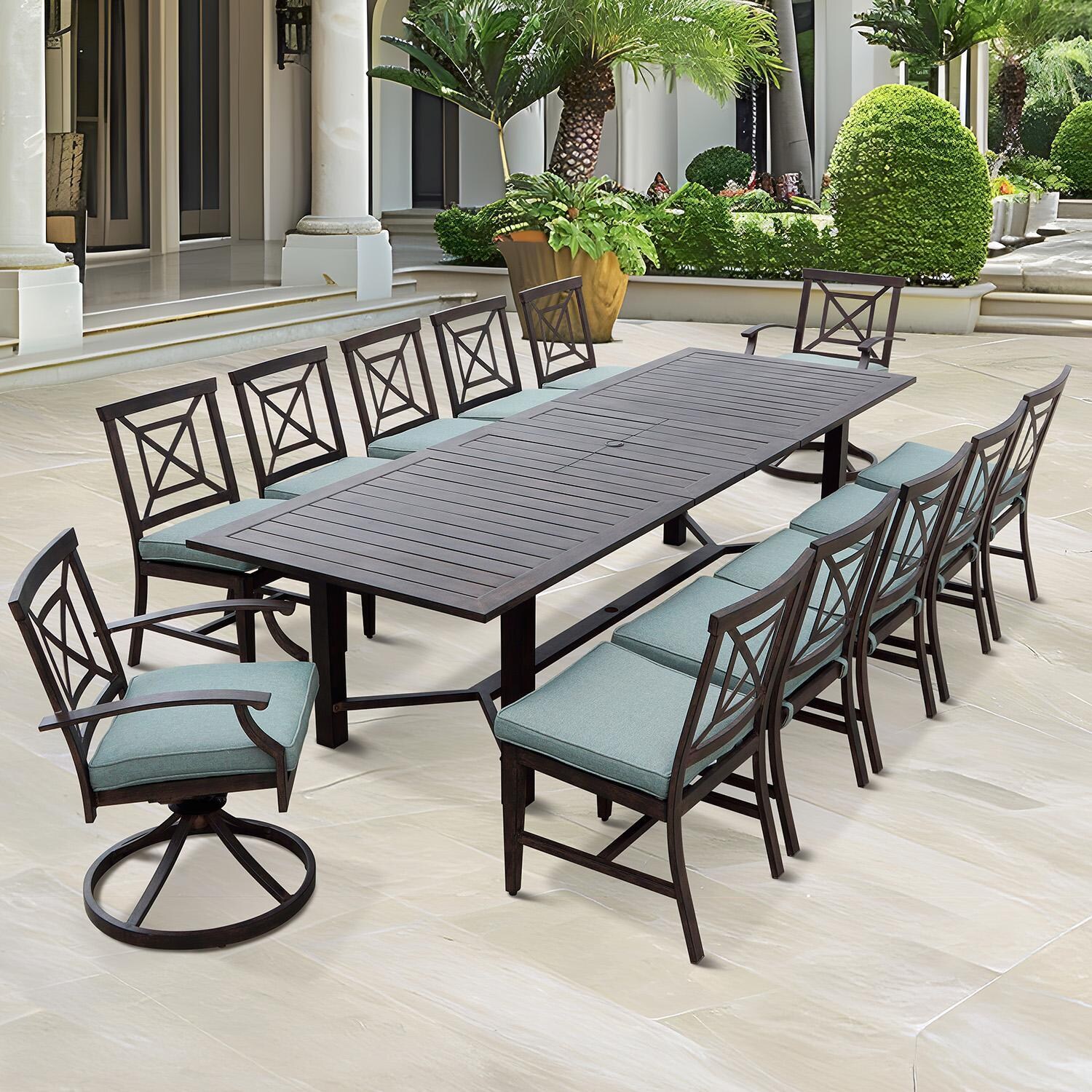 Atlantis 13 Pc Aluminum Dining Set w/ 91 X 40 Inch Extension Table & 2 Swivel Rockers in Walnut/Spa by Darlee
