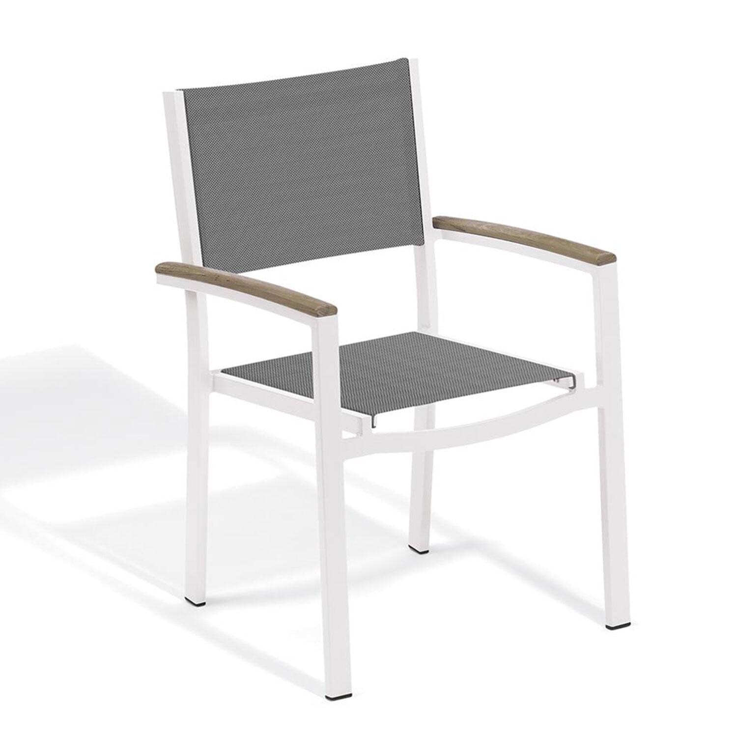 Oxford Garden Travira 6 Piece Chalk Aluminum Patio Dining Set - Titanium Sling Armchair w/ Vintage Tekwood Arms thumbnail