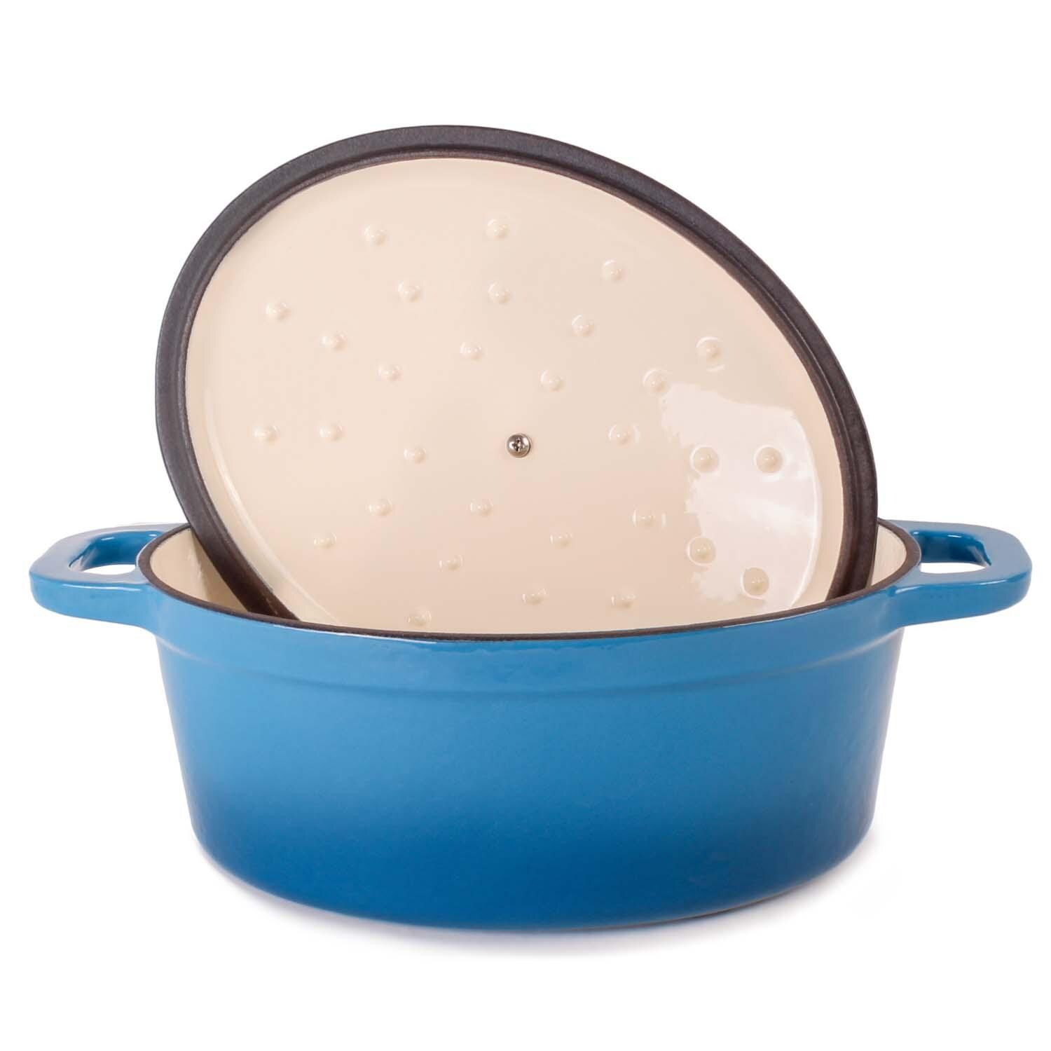 BergHOFF 13-in Neo Cast Iron 8 Qt. Oval Dutch Oven w/ Lid - Blue - Lid Propped - White Background