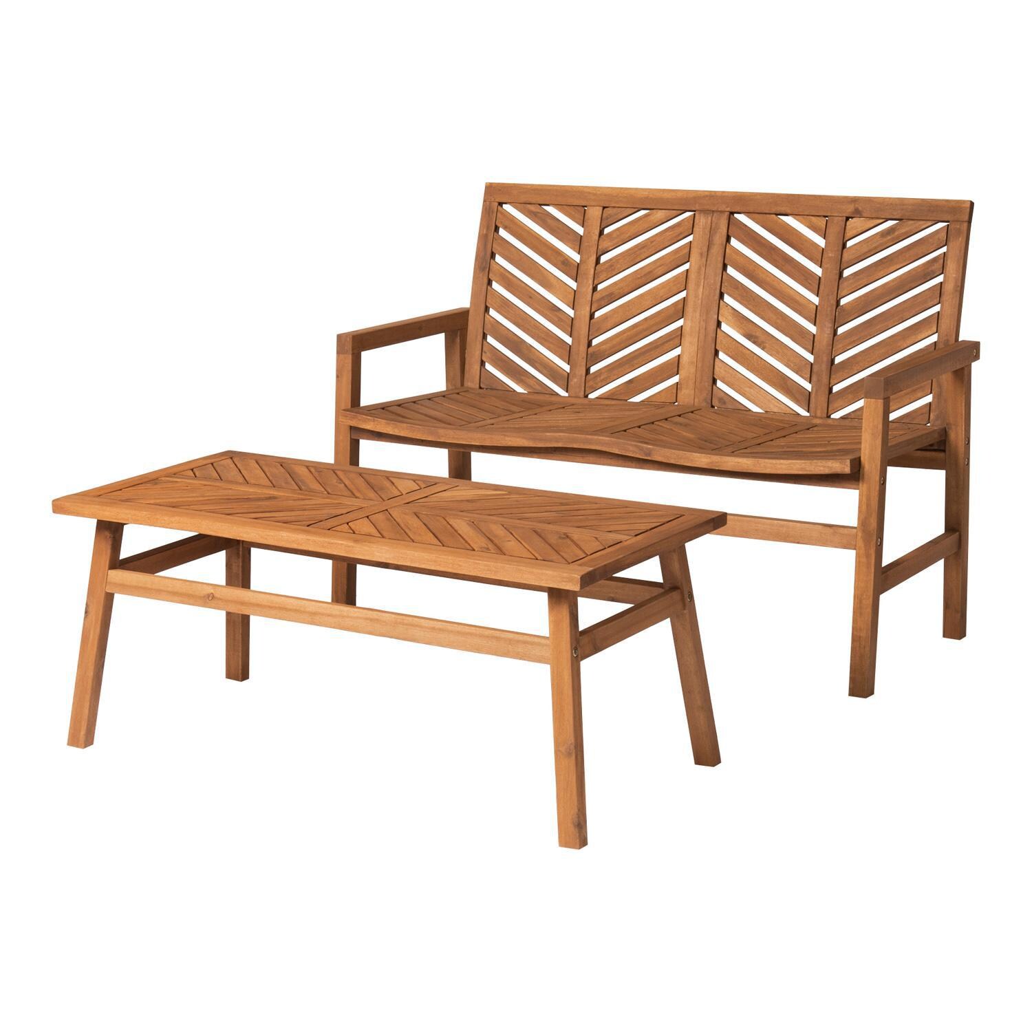 Ultimate Patio Wishlake 2 Piece Acacia Patio Conversation Set W/ 42 X 20 Inch Rectangular Table - Brown - Angled View thumbnail