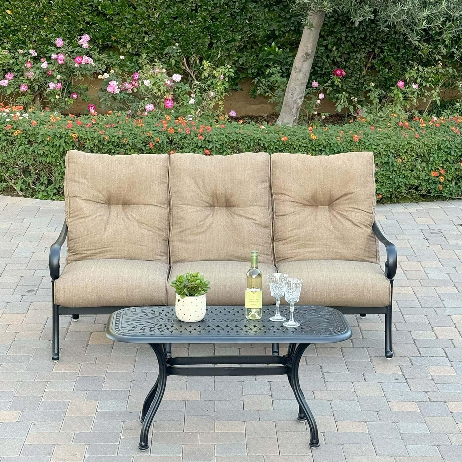 Santa Anita 2 Pc Cast Aluminum Seating Set w/ 42 Inch Table in Antique Bronze/Sesame by Darlee - Lifestyle thumbnail