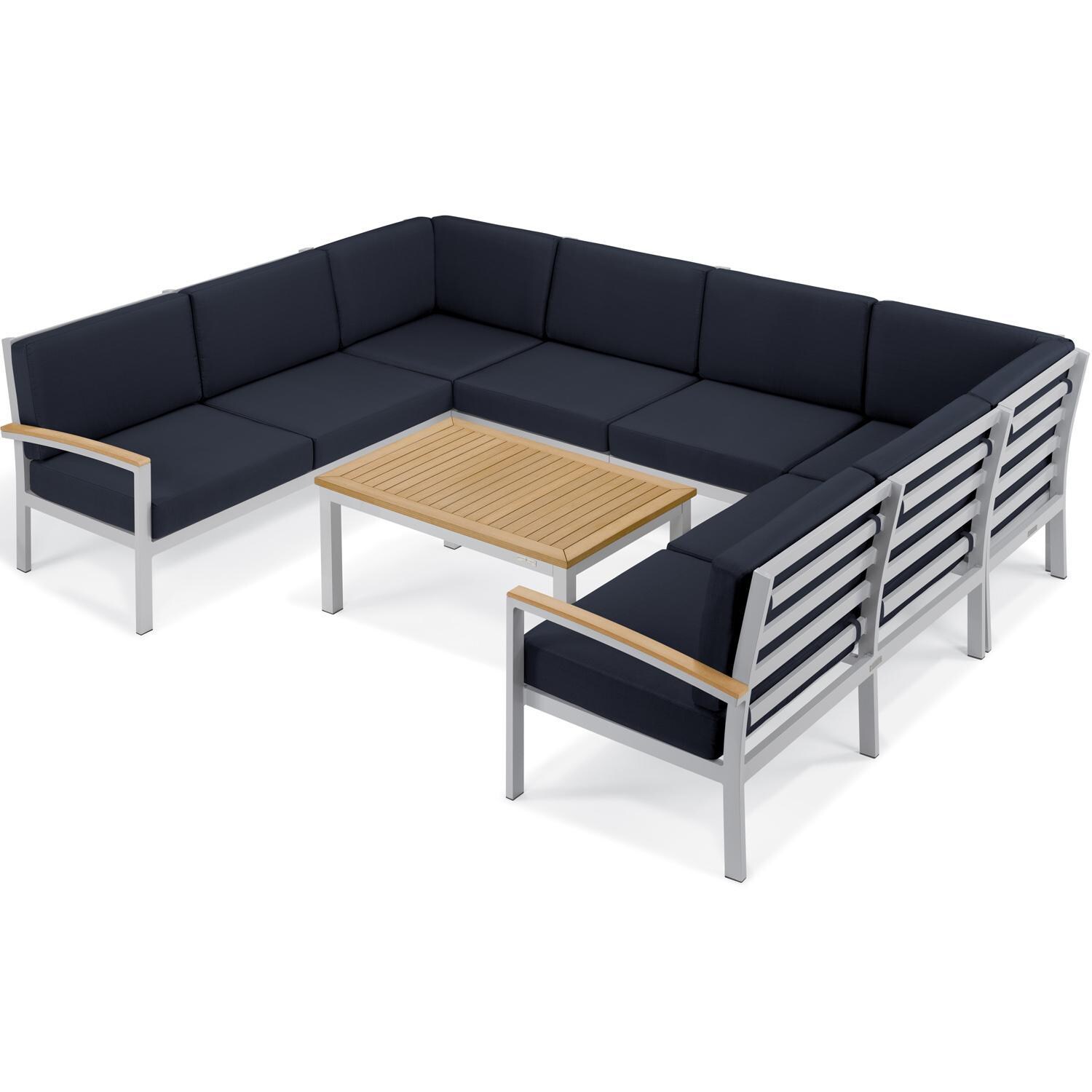 Oxford Garden Travira 2 Person Aluminum Modular Left Loveseat W/ Natural Tekwood Arm Caps in Flint/Midnight Blue - U-Shaped Sectional thumbnail
