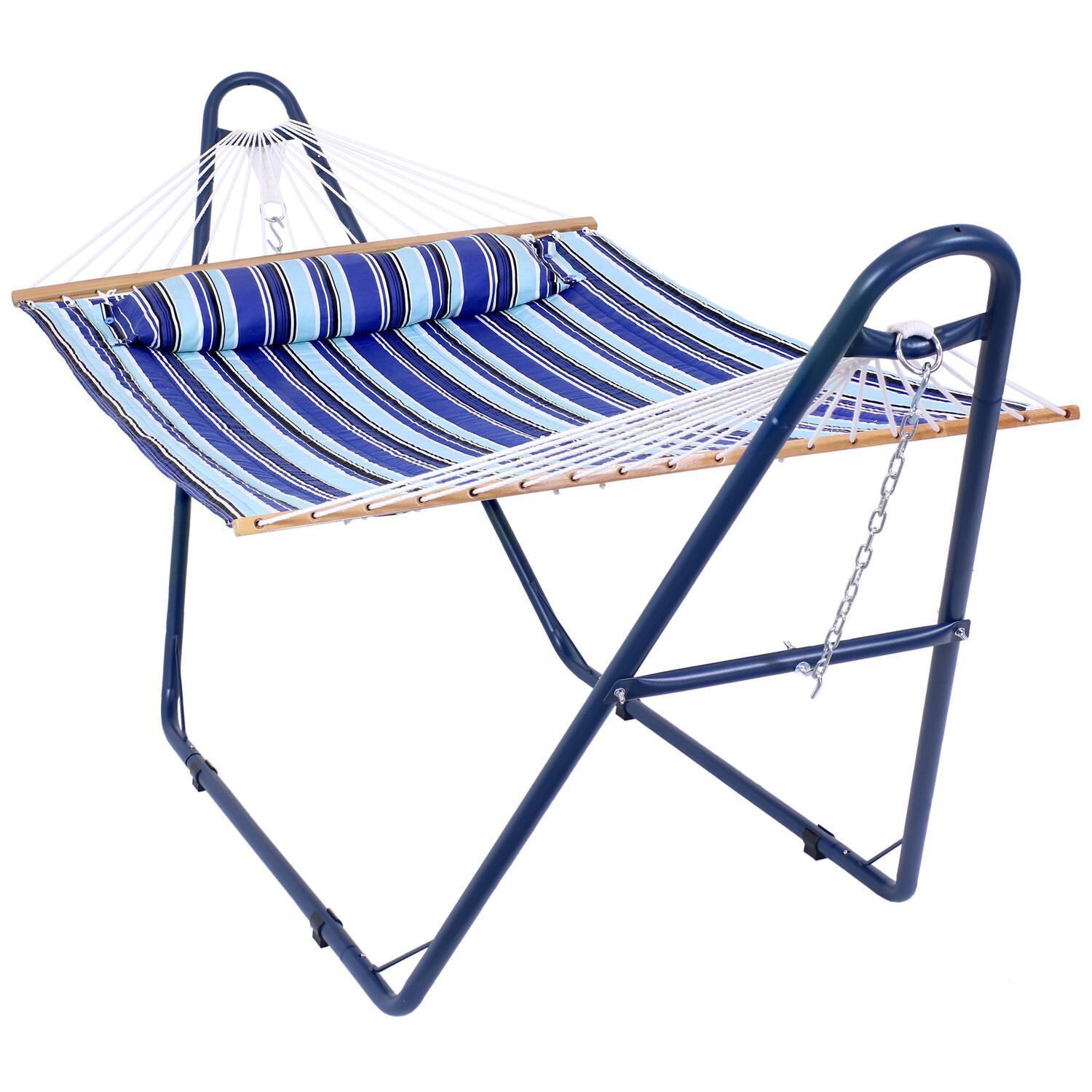 Ultimate Patio Quilted Double Hammock & Pillow w/ Blue Universal Stand - Catalina Beach thumbnail