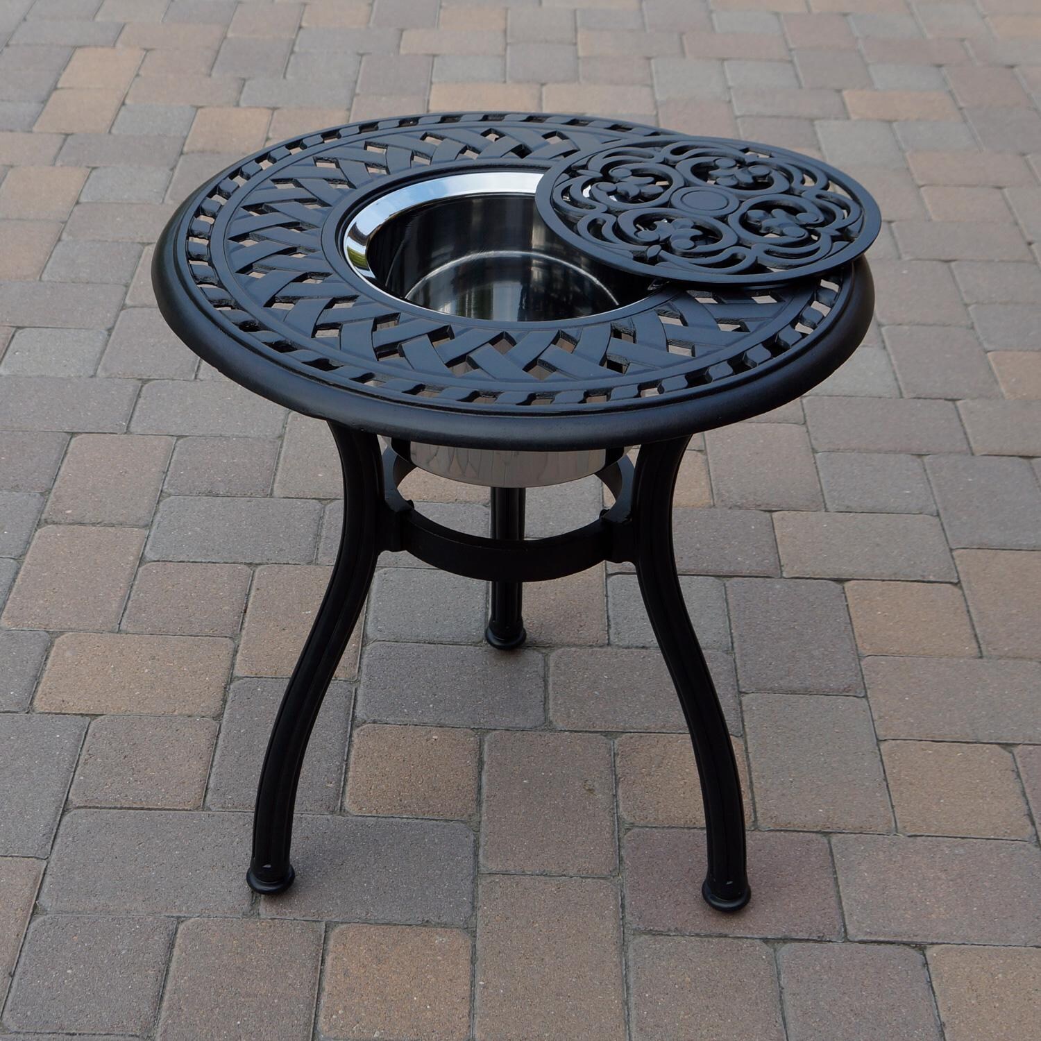 Darlee Capri 5 Piece Cast Aluminum Patio Conversation Set W/ 24-Inch Round Ice Bucket End Table & Sesame Cushions - Table W/ Ice Bucket thumbnail