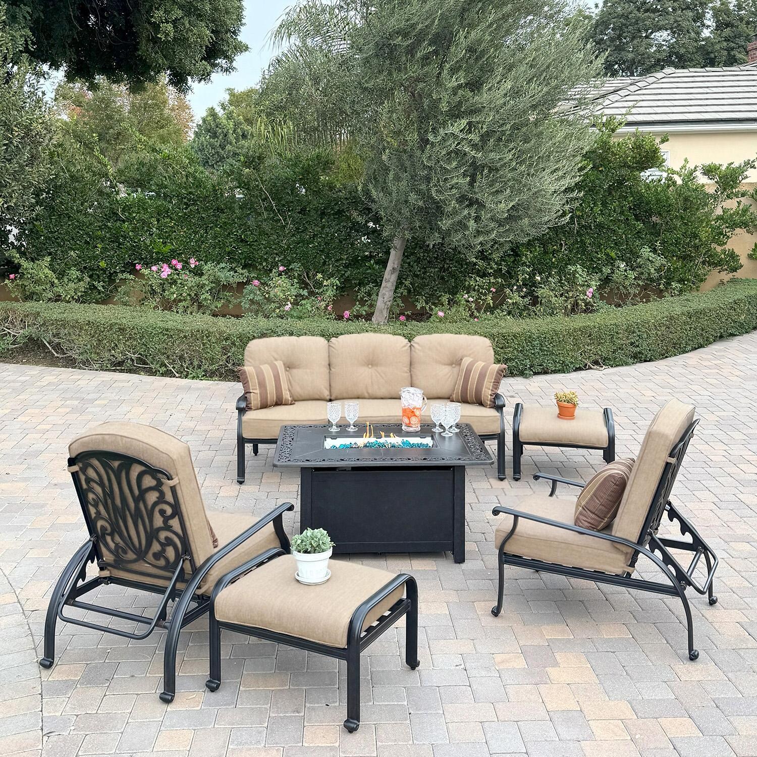 Elisabeth 6 Pc Cast Aluminum Fire Pit Seating Set w/ 2 Adjustable Club Chairs, Sofa, and Ottoman n Antique Bronze/Beige Canvas by Darlee