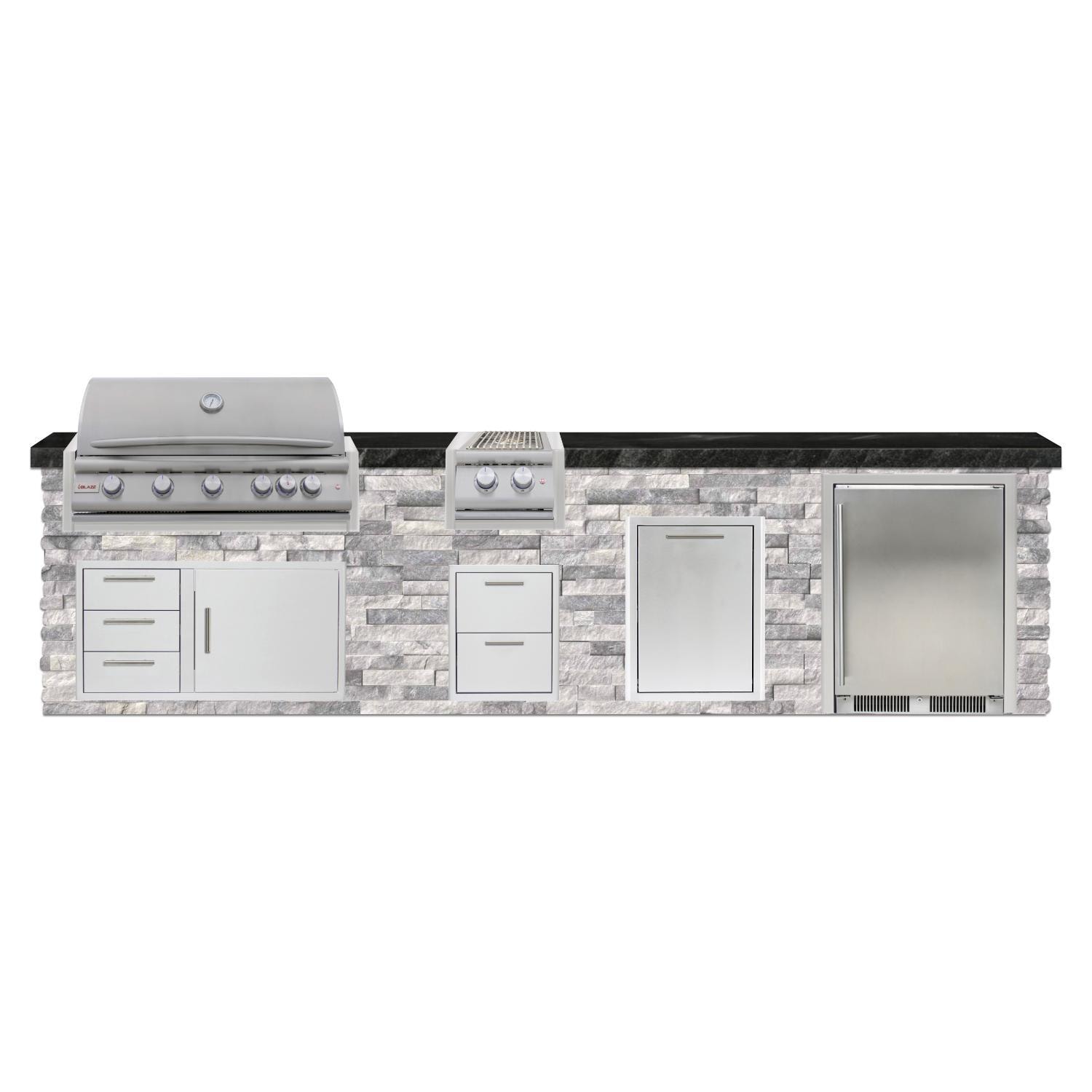 BBQGuys Signature 12 Ft Grill Island w/ 40 Inch Natural Gas Blaze Premium LTE+ Grill, Double Side Burner, Refrigerator,  & Door & Drawer | Alaska Gray w/ Black Granite - Front - White Background thumbnail