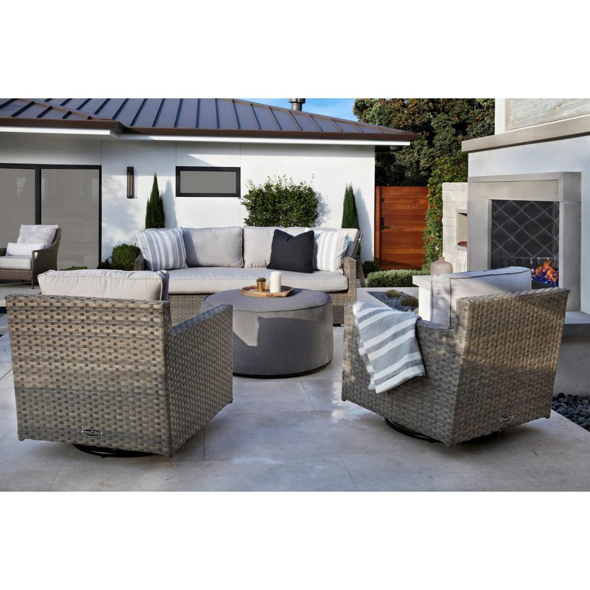 Sunset West - Majorca 4 Piece Resin Wicker Patio Conversation Set W/ Pouf Coffee Table & Cast Silver Cushions - Full View thumbnail