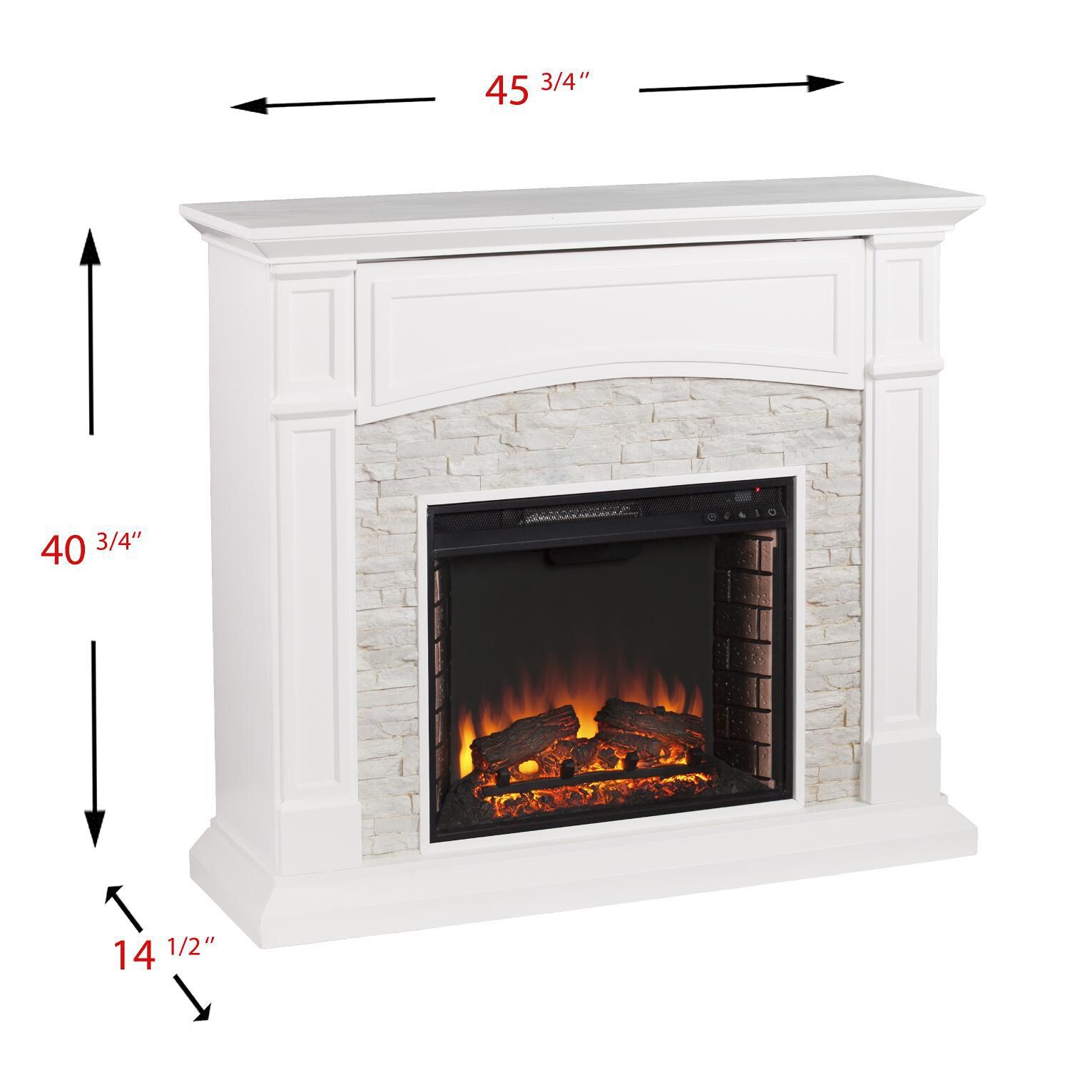 Southern Enterprises Seneca 45-Inch Electric Fireplace Mantel - Crisp White W/ Rustic White Faux Stone - FE9362 - Measurements thumbnail