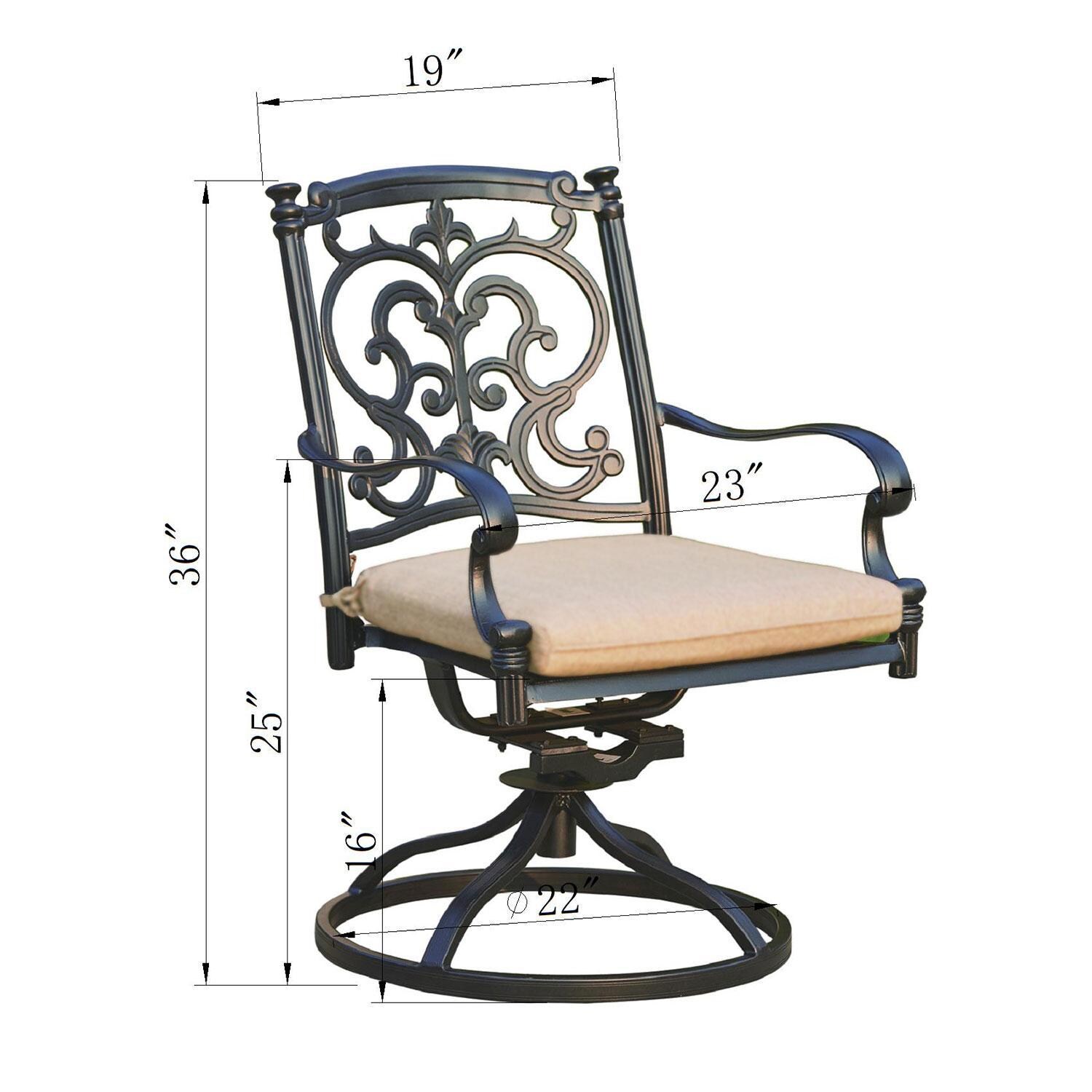 Santa Barbara 5 Pc Cast Aluminum Swivel / Rocker Dining Set in Antique Bronze/Beige Canvas by Darlee - Swivel Rocker - Dimensional thumbnail