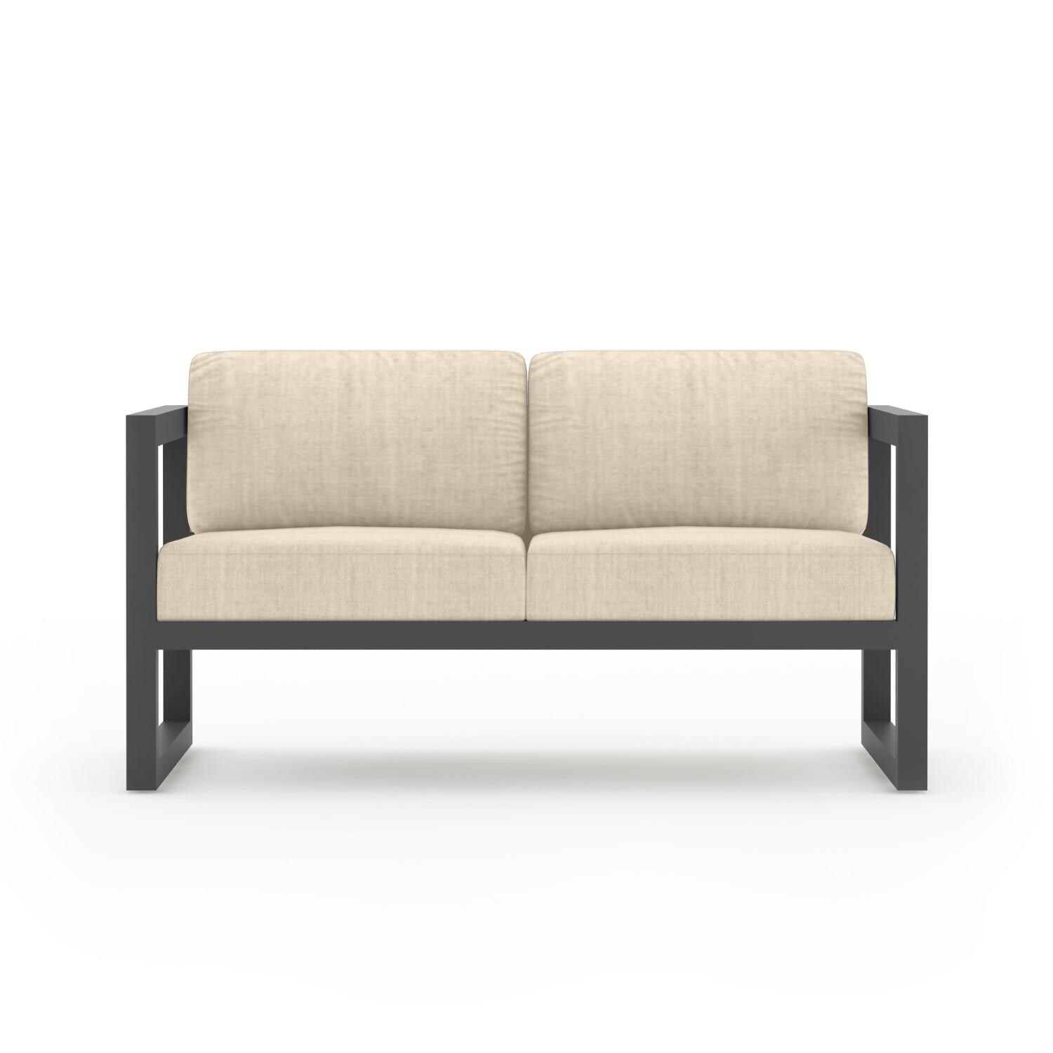 Misty Cove 4 Pc Aluminum Loveseat Set in Slate W/ Canvas Flax Cushions & Portal Coffee Table By Lakeview - Loveseat - White Background thumbnail