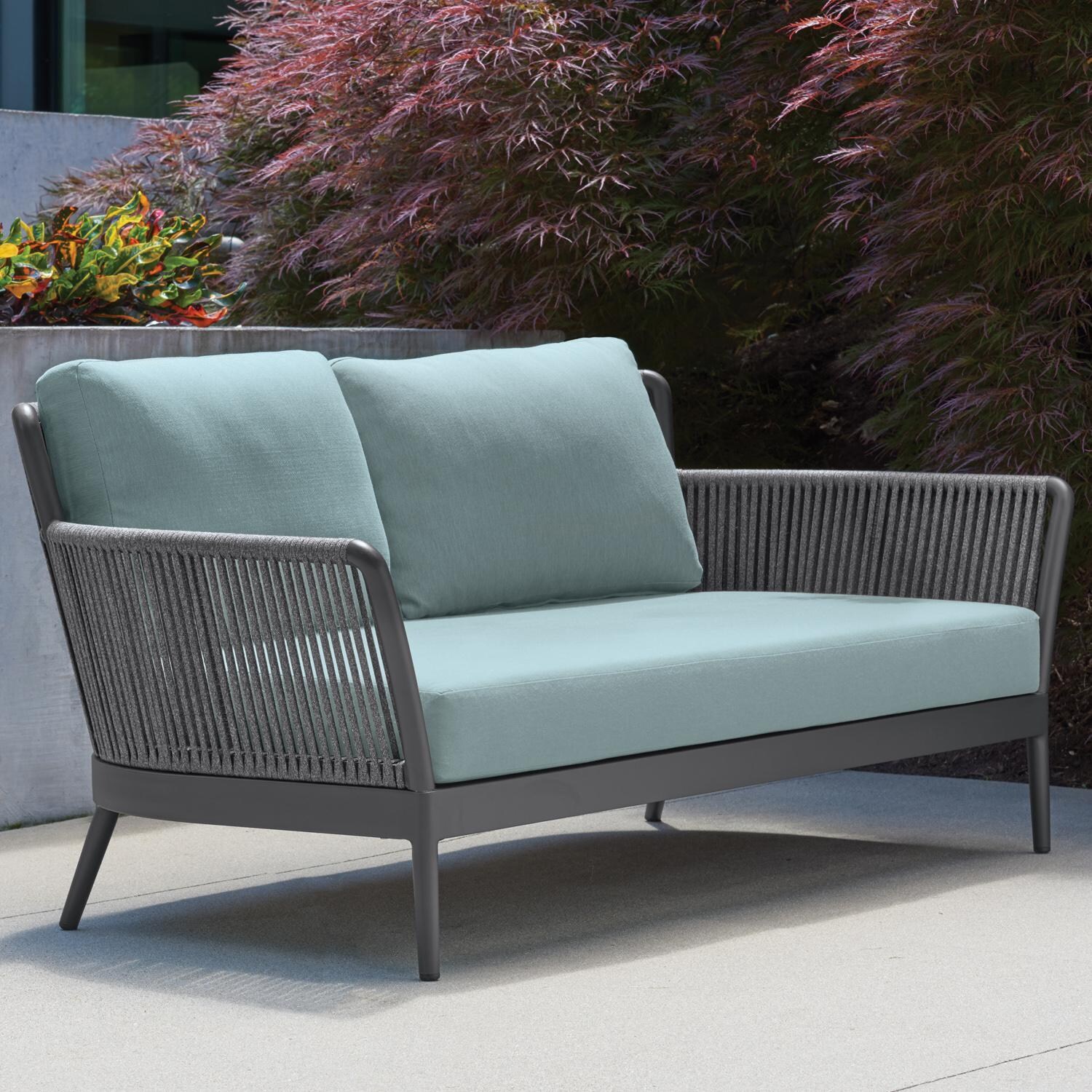 Oxford Garden Nette 2 Person Olefin Rope & Aluminum Loveseat in Carbon/Seafoam thumbnail