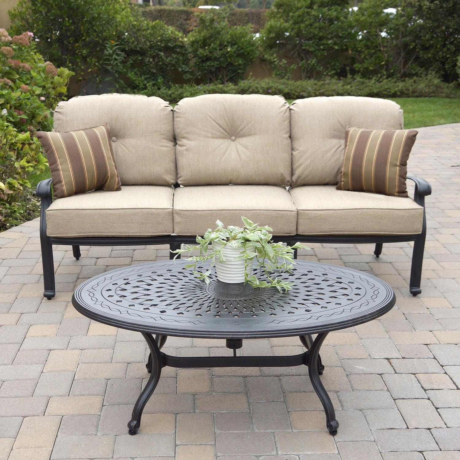 Darlee Elisabeth 4 Pc Cast Aluminum Seating Set w/ 46 X 31 Inch Oval Table & Swivel Rockers & Throw Pillows in Antique Bronze/Beige Canvas - Sofa & Table - Lifestyle thumbnail