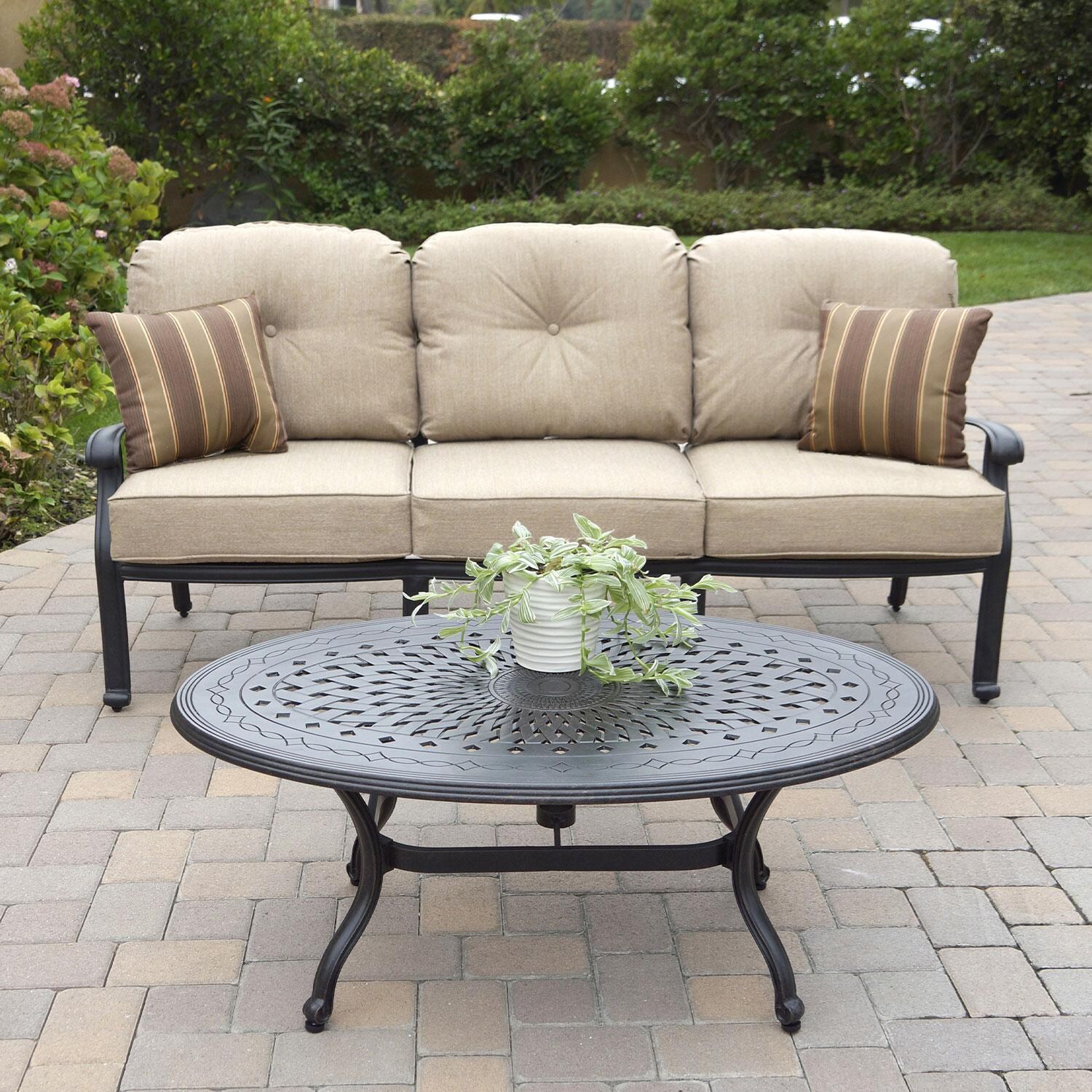 Darlee Elisabeth 4 Pc Cast Aluminum Seating Set w/ 46 X 31 Inch Oval Table & Swivel Rockers & Throw Pillows in Antique Bronze/Beige Canvas - Sofa & Table - Lifestyle thumbnail