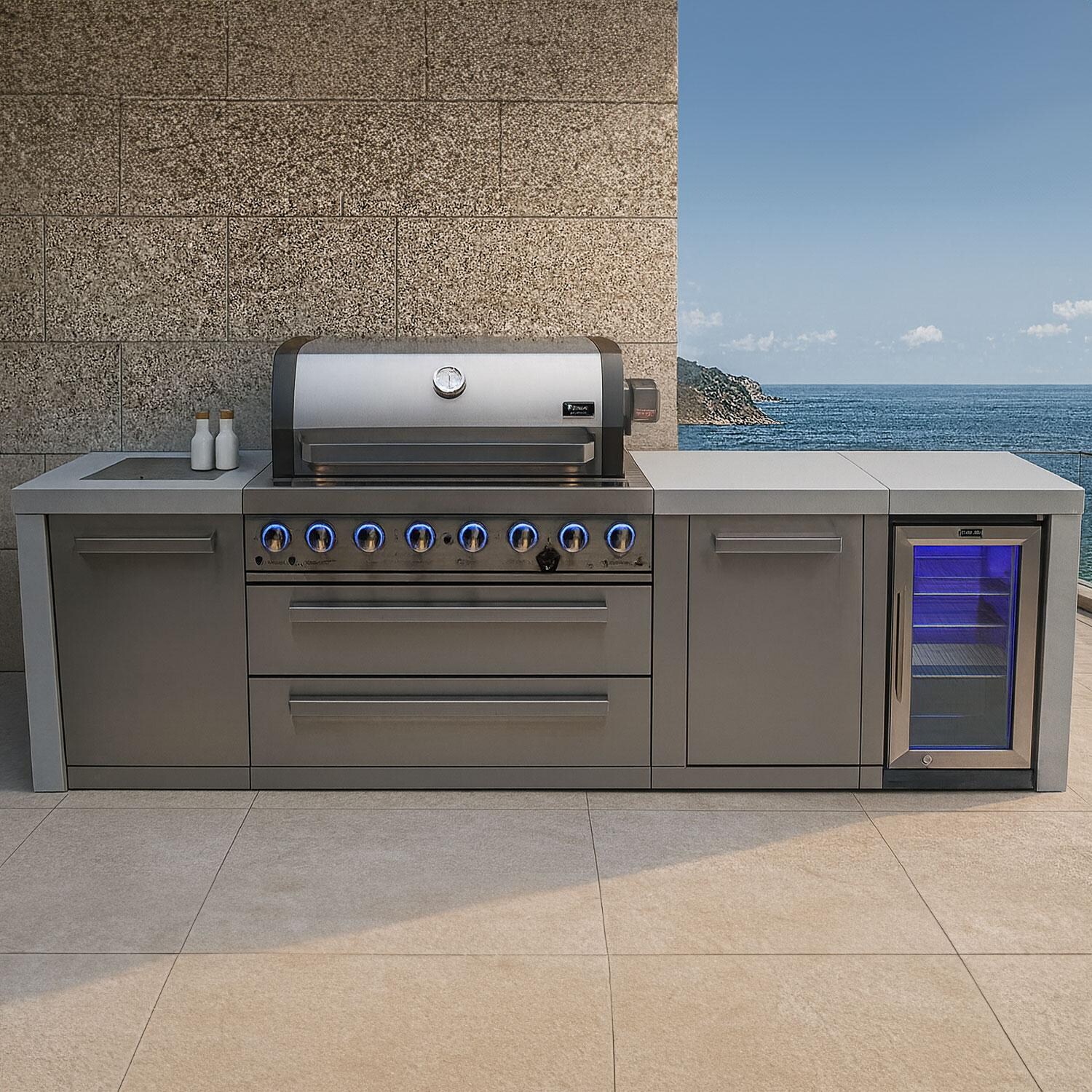 Mont Alpi Deluxe Series 10 Ft Natural Gas Outdoor Kitchen Island w/ Side Burner & Refrigerator - Patio - Lifestyle thumbnail