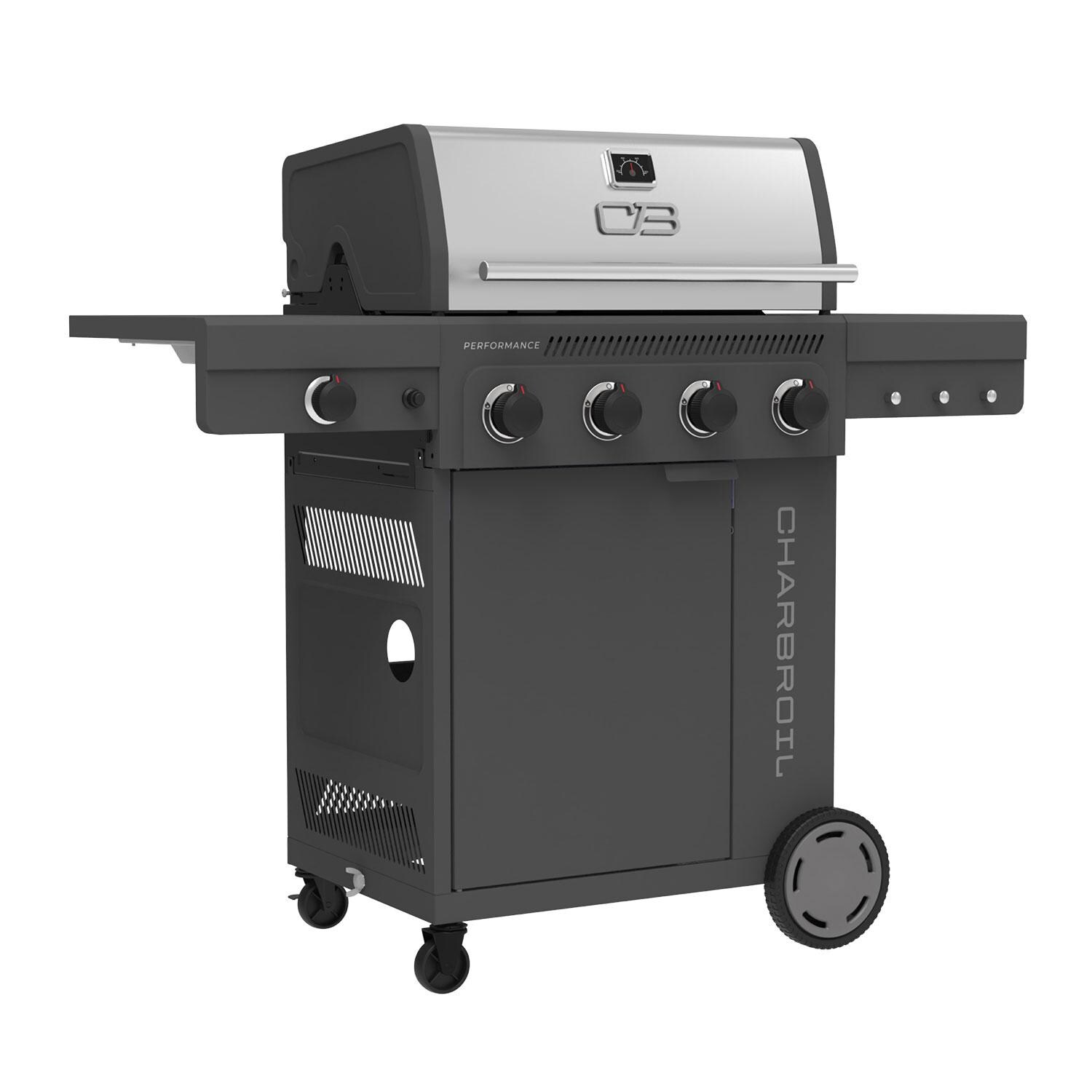 Charbroil 463348625 Performance Series 4-Burner Propane Grill Cabinet W/ Side Burner - Grey - Right Angle - White Background thumbnail