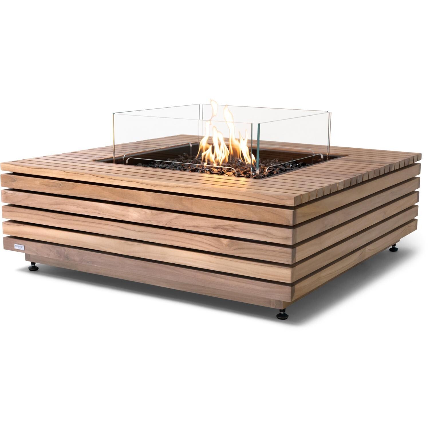 EcoSmart Fire ESF.O.BAS.40.NF Base 40 Inch Stainless Steel Burner Square Teak Ethanol Fire Pit Table in Natural Teak - Large Flame - White Background thumbnail